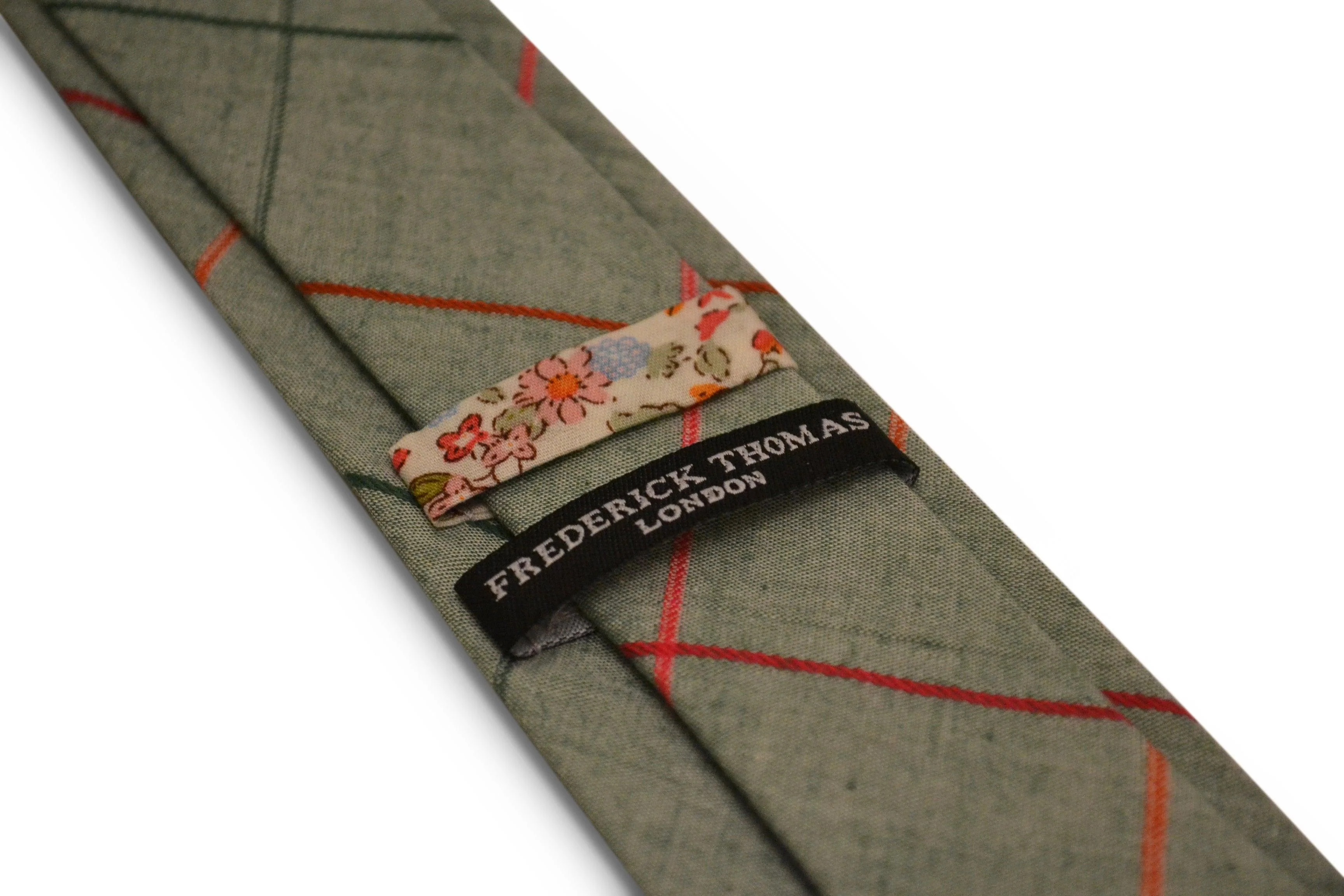 light green grey with multicoloured check design cotton tie - Image 2