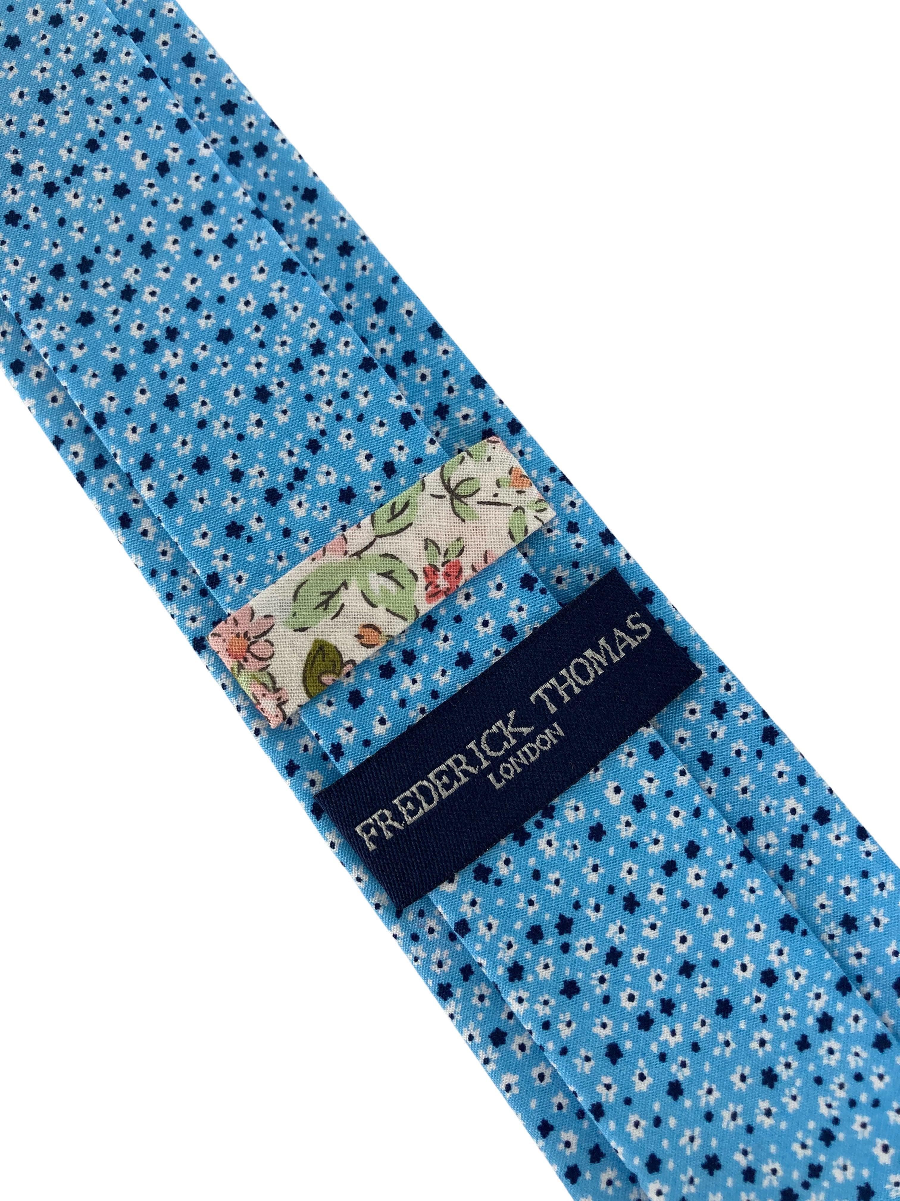 light pastel baby blue  cotton tie with ditsy navy & white floral print - Image 3