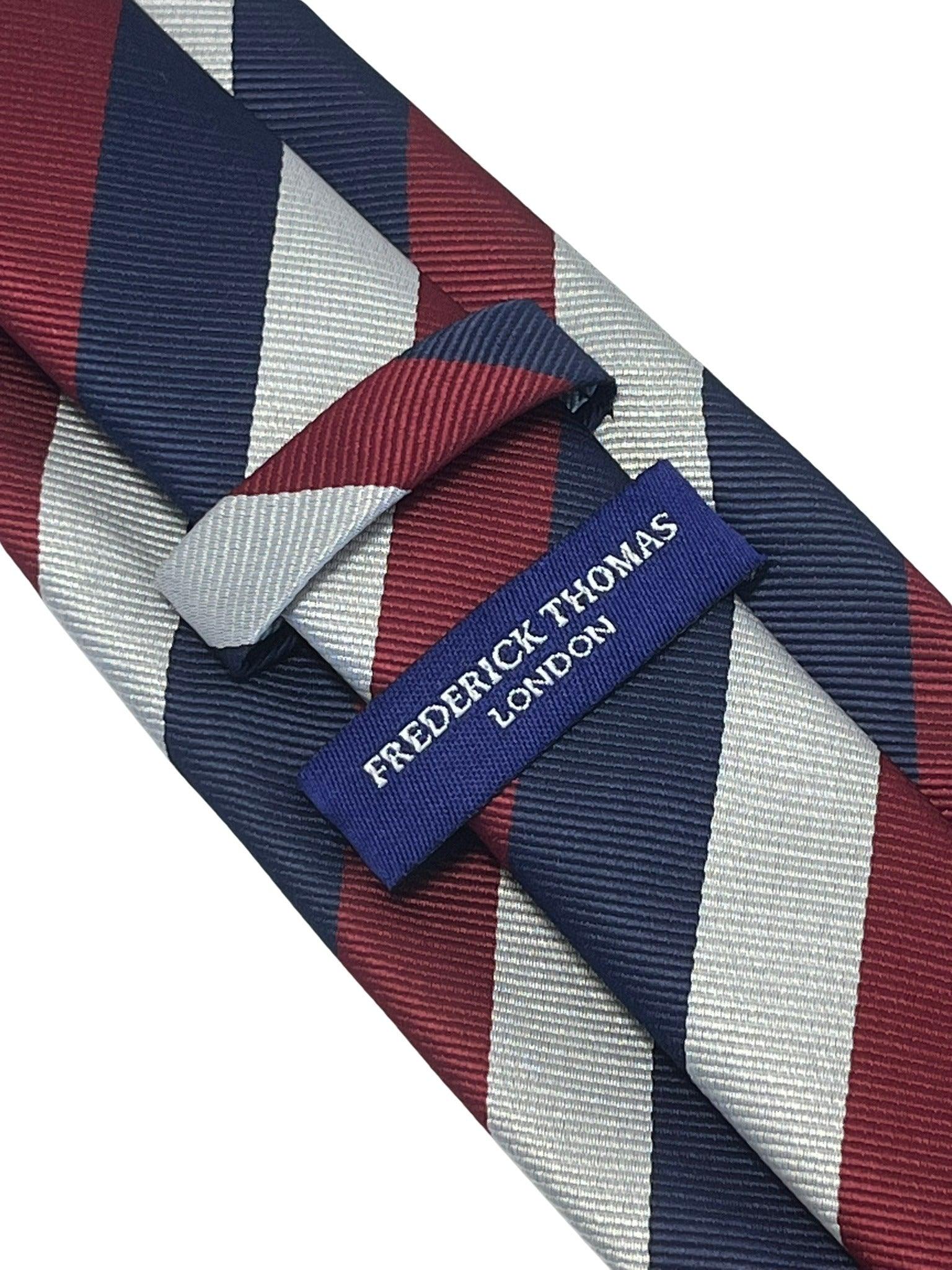 Light silver grey, navy dark blue & maroon red striped tie - Image 3