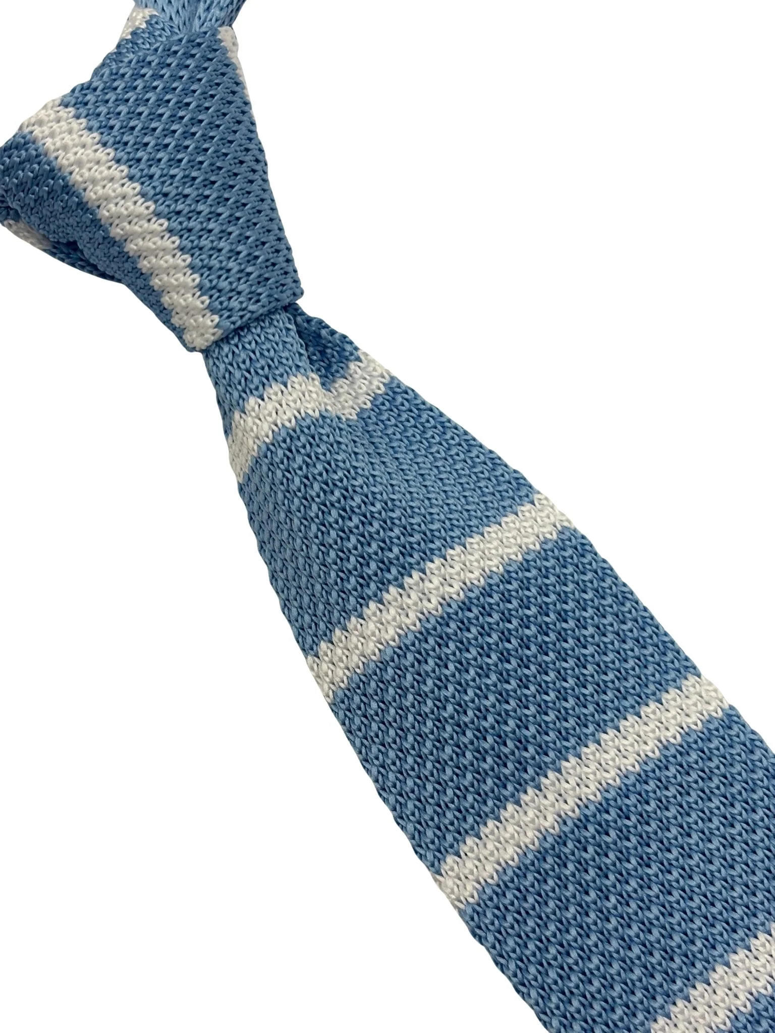 light sky blue knitted tie with white stripes - Image 3