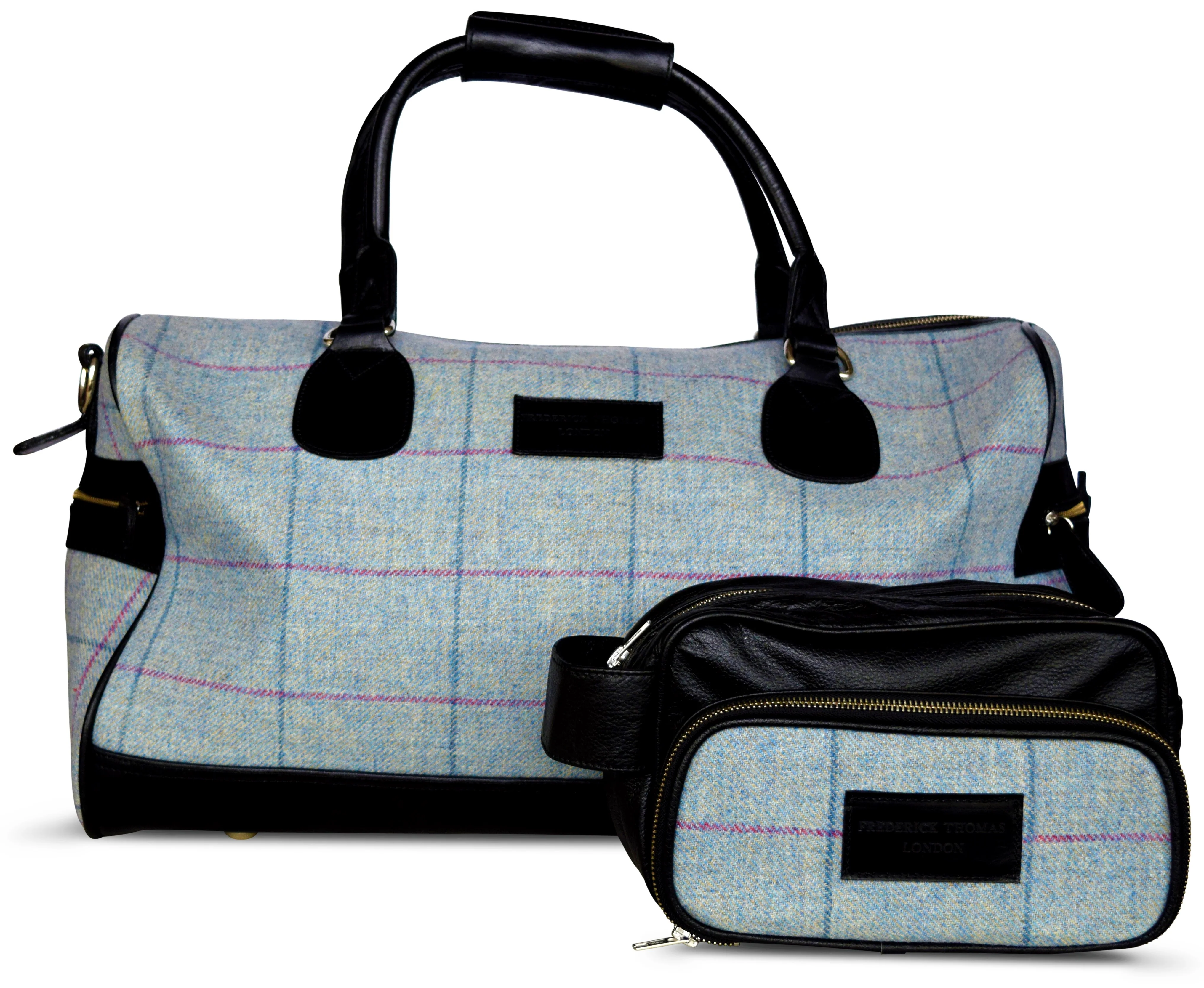 Light blue windowpane tweed weekend bag and matching wash bag - Image 3