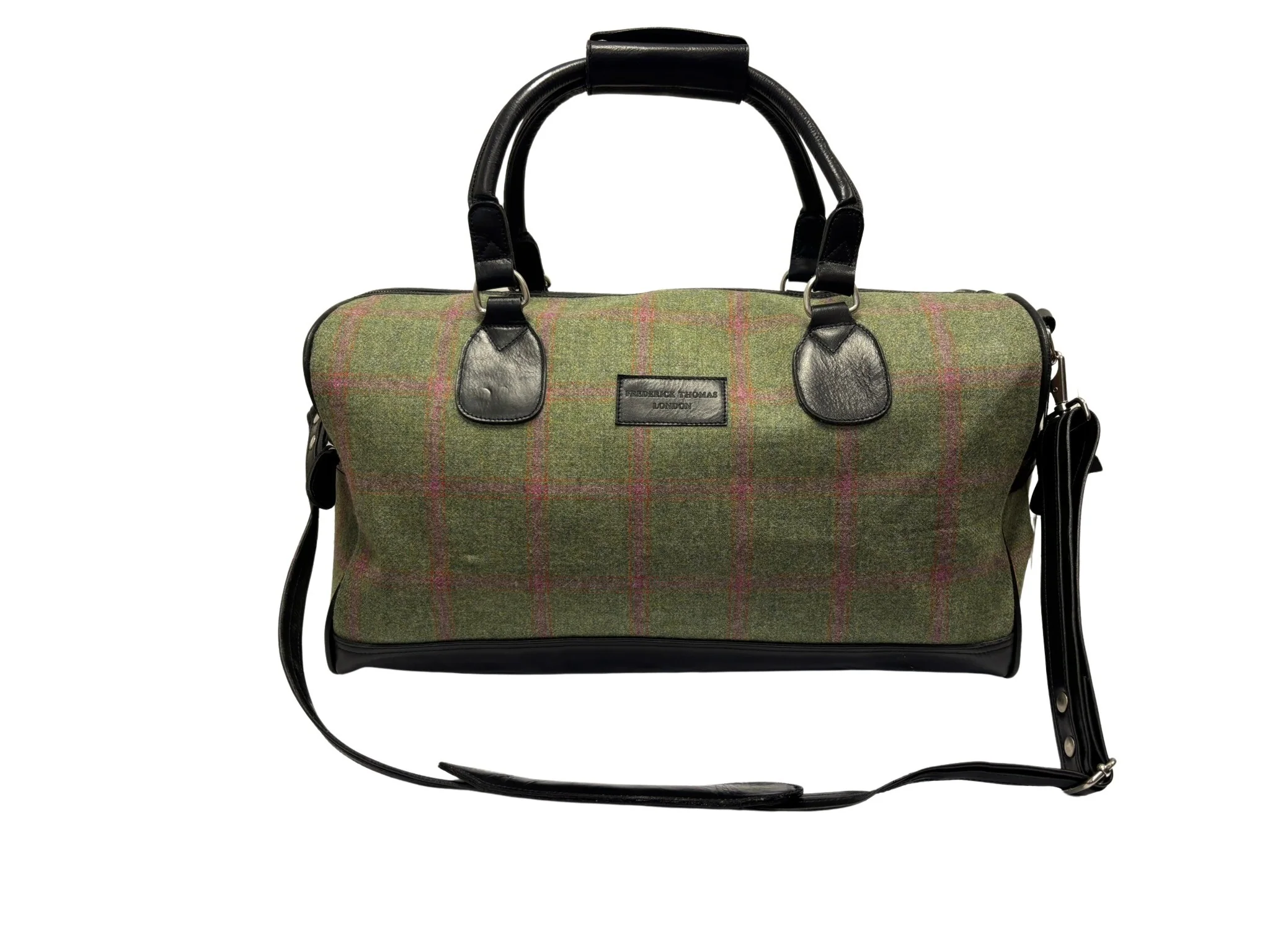 Luxury weekend bag with matching wash bag in forest green with pink check 100% wool tweed with leather straps - Image 2