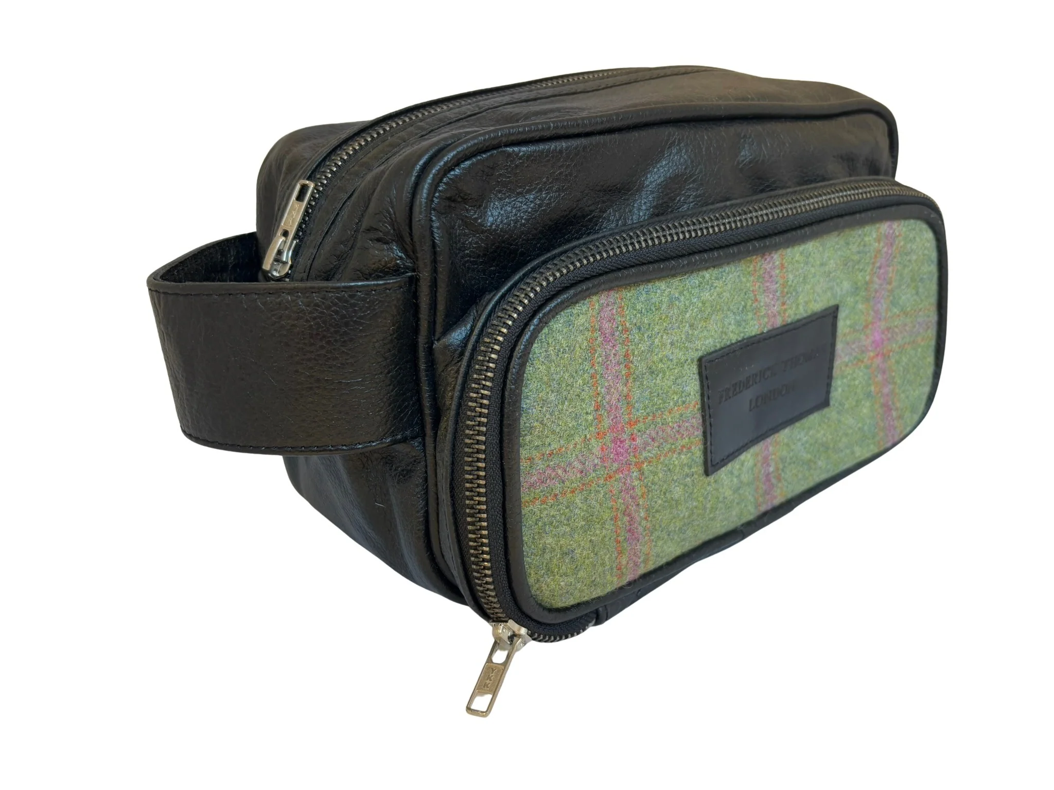 Luxury weekend bag with matching wash bag in forest green with pink check 100% wool tweed with leather straps - Image 5