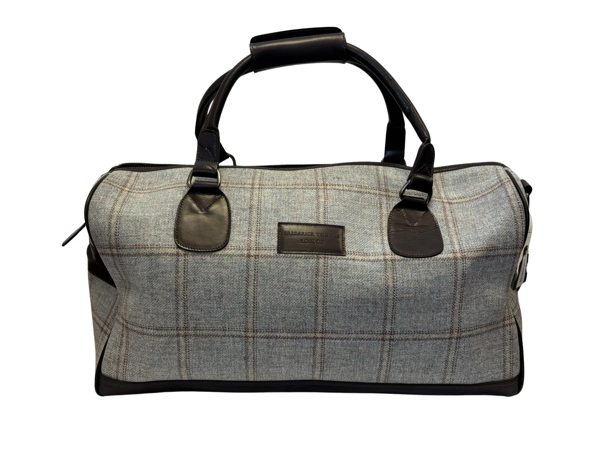 Luxury weekend overnight bag in light blue check with  leather handles - Image 2