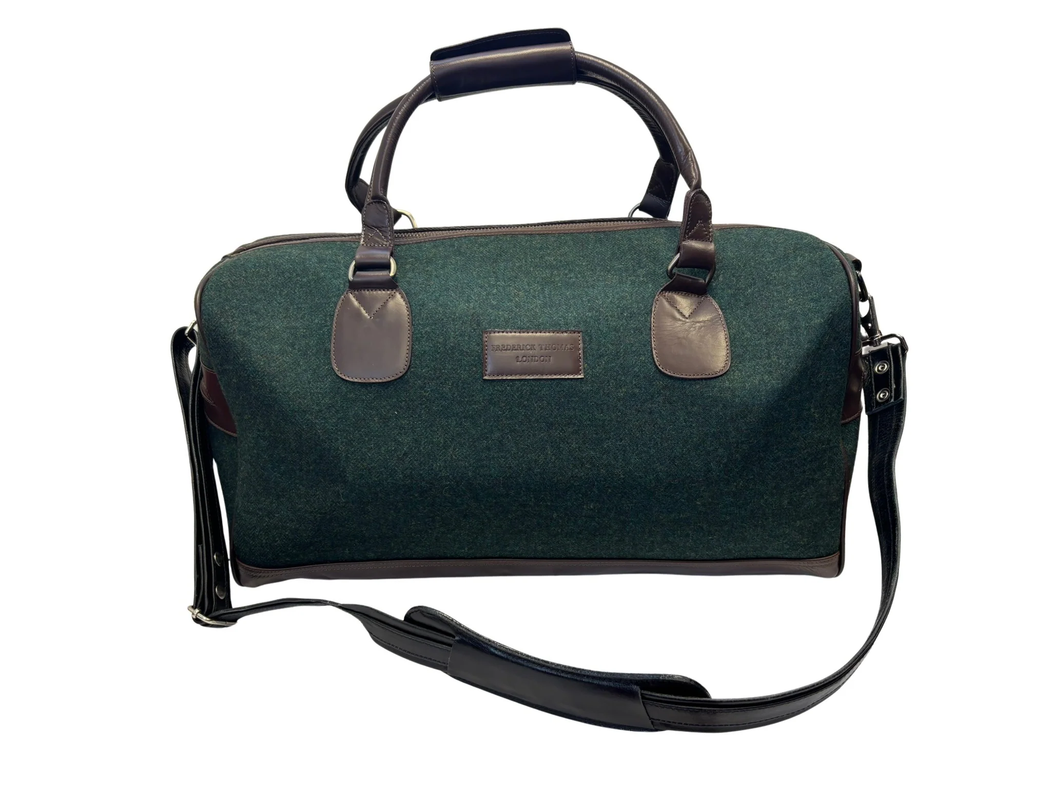 Luxury weekend overnight bag in dark forest green with leather handles - Image 2