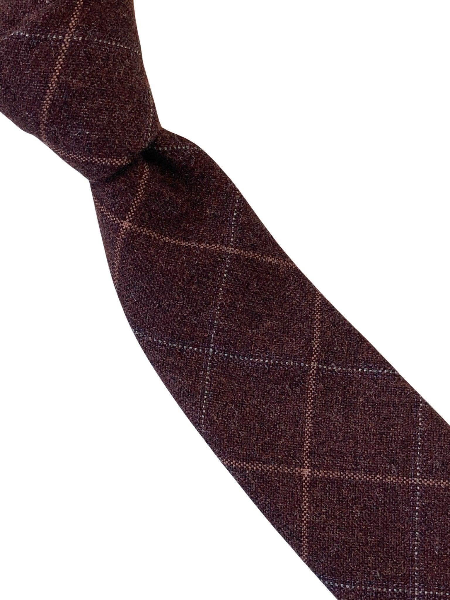 maroon brown check 100% wool mens tie - Image 4