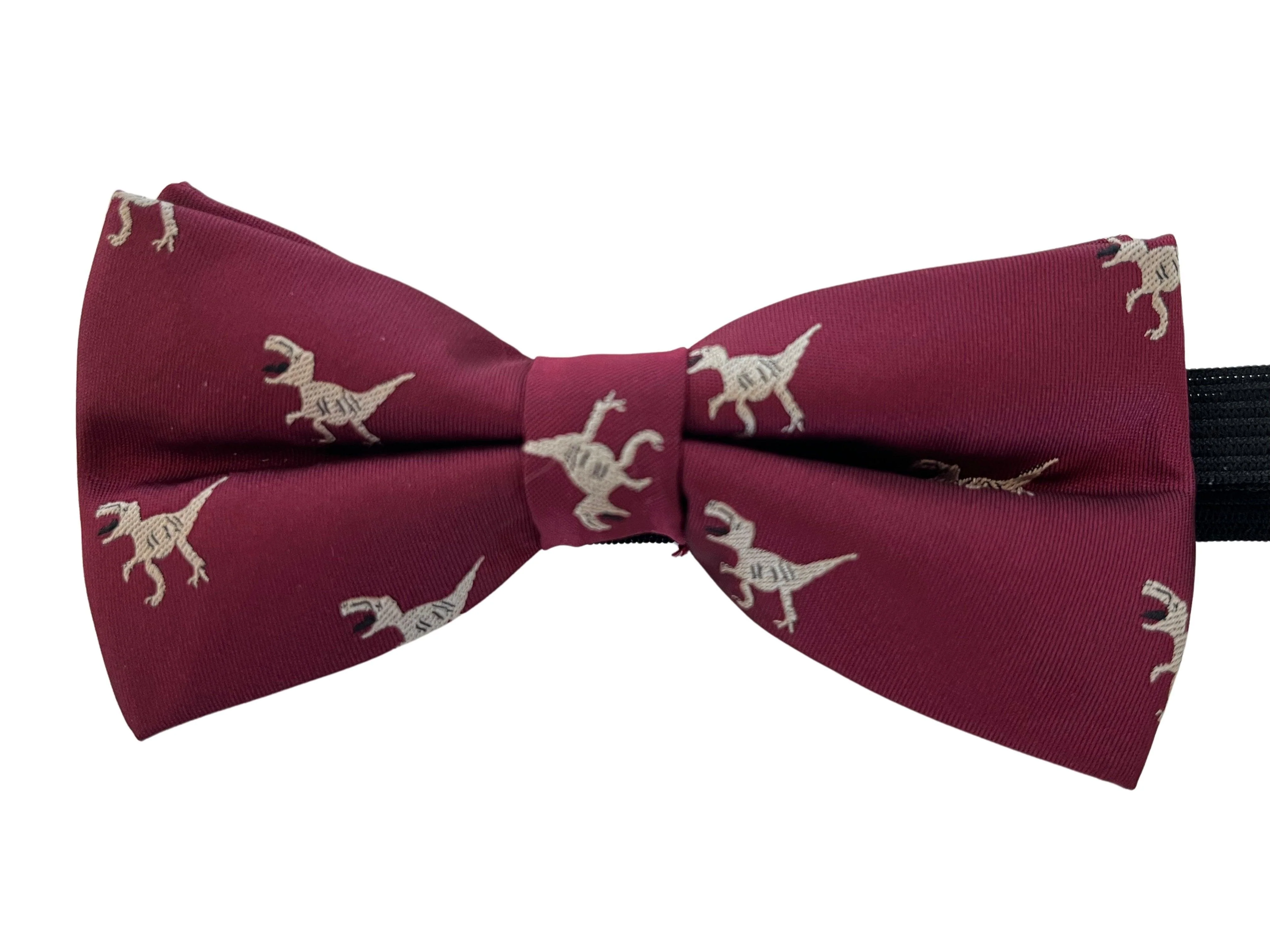 Maroon child's bow tie with t-rex embroidered design - Image 2