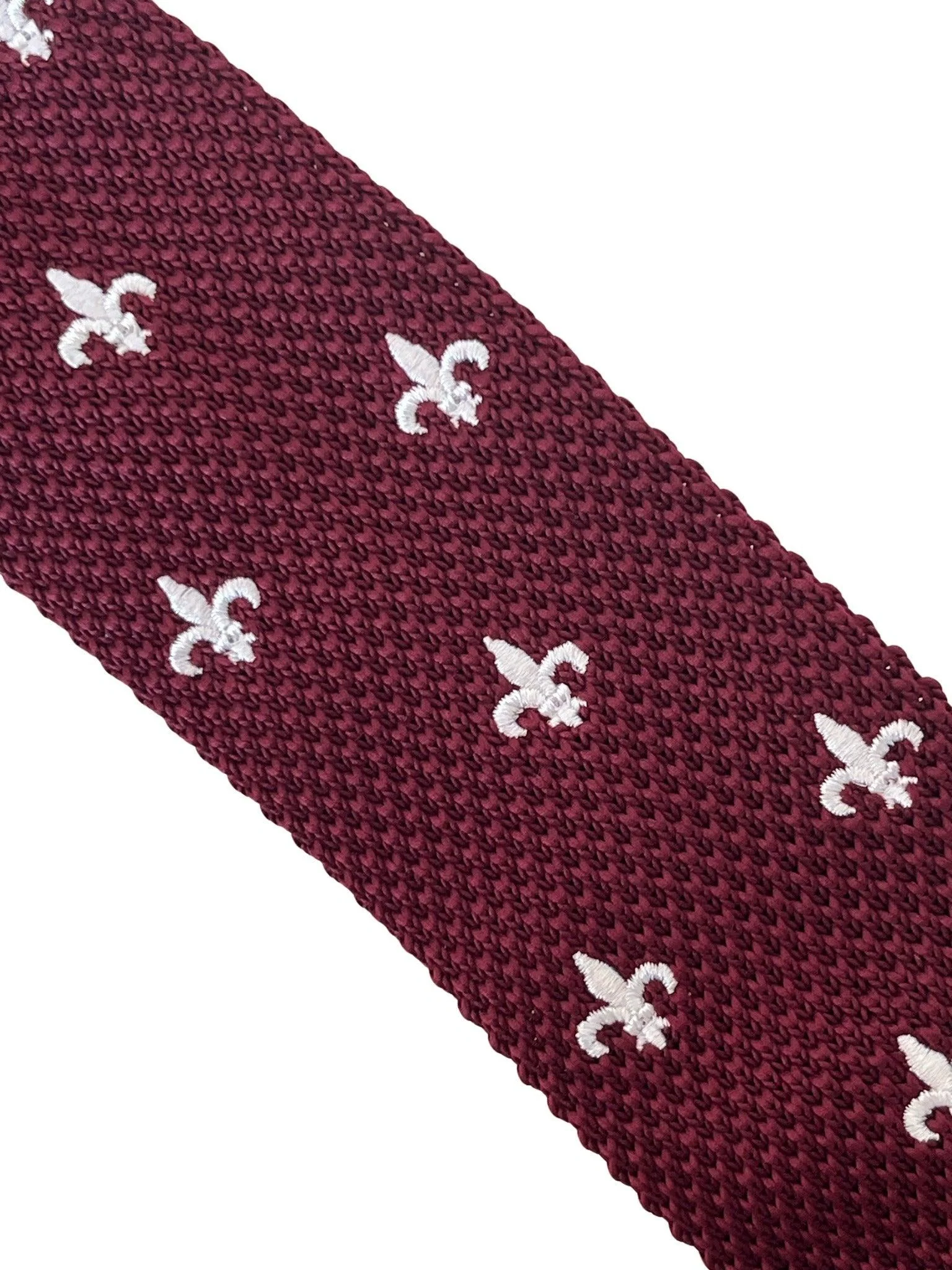 maroon knitted tie with white embroidered fleur de lis lys design - Image 2
