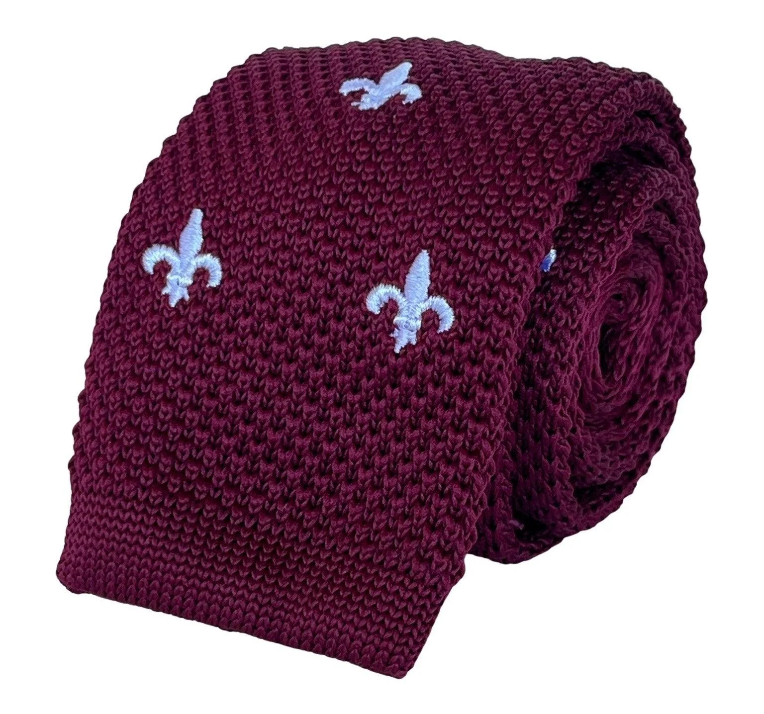 maroon knitted tie with white embroidered fleur de lis lys design - Image 5