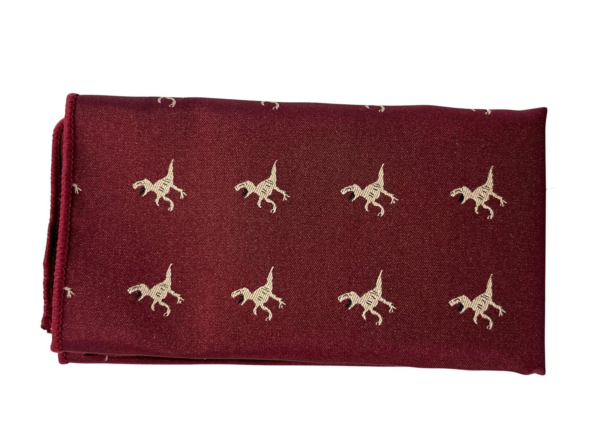 Maroon pocket square with embroidered T-rex design - Image 2
