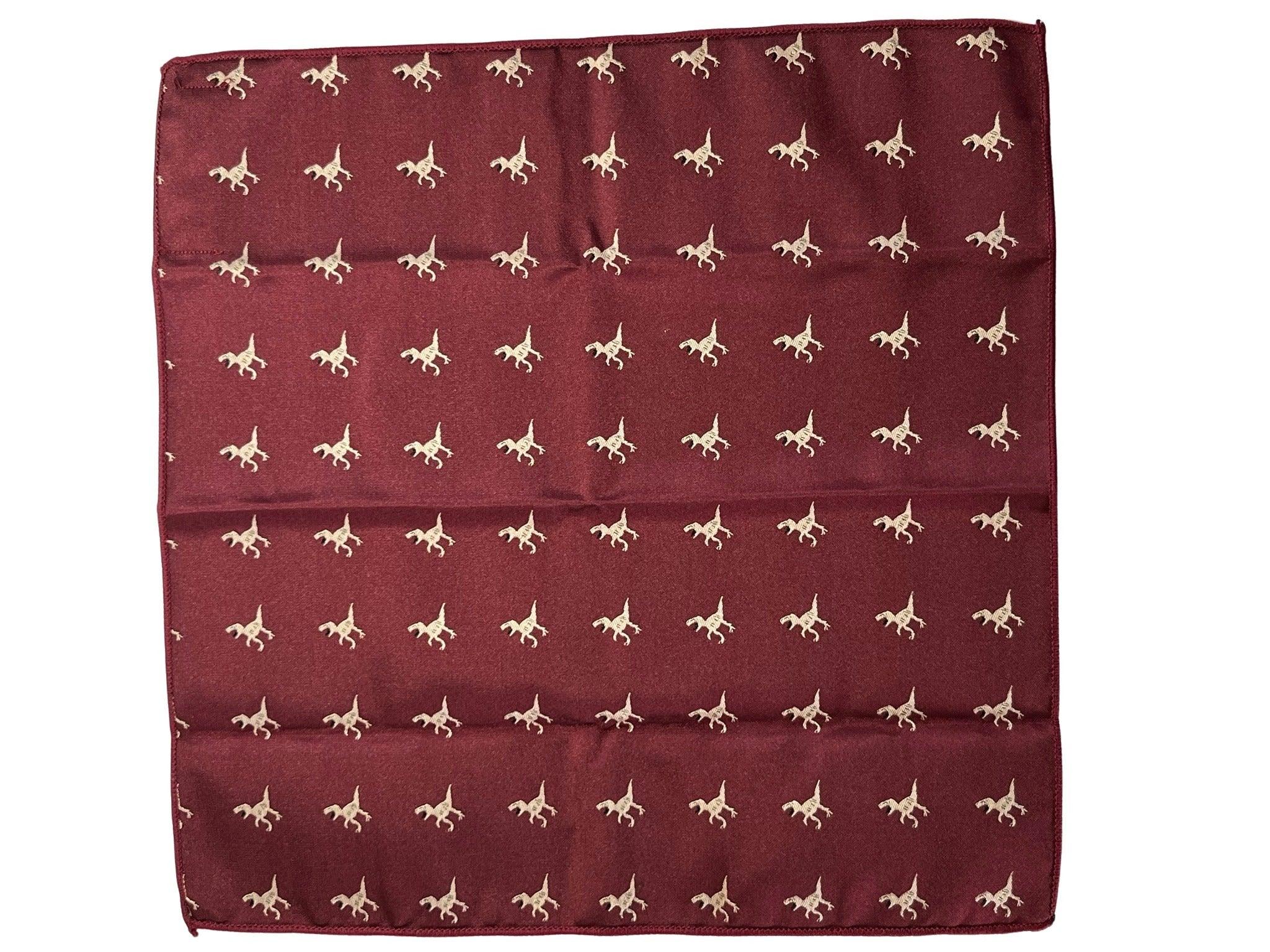 Maroon pocket square with embroidered T-rex design - Image 3