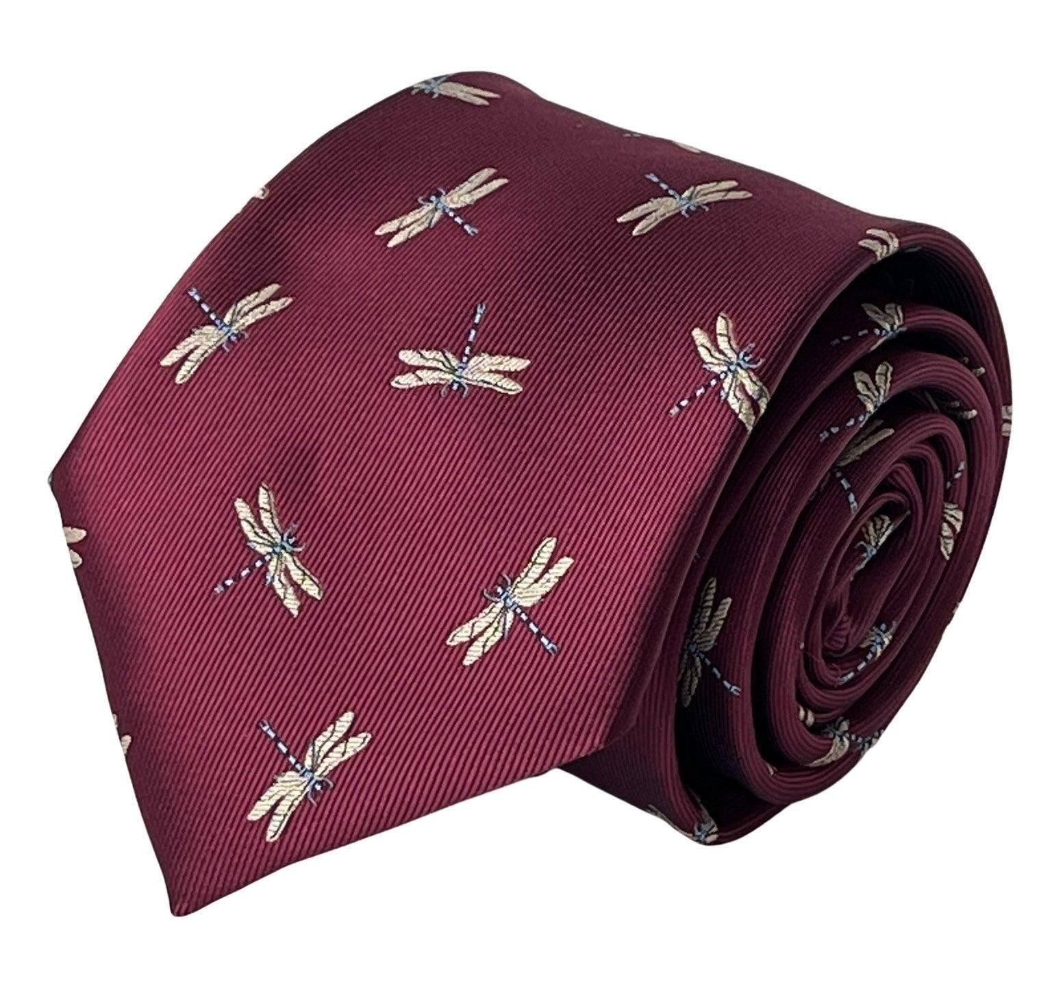 maroon tie with embroidered dragonfly design - Image 2