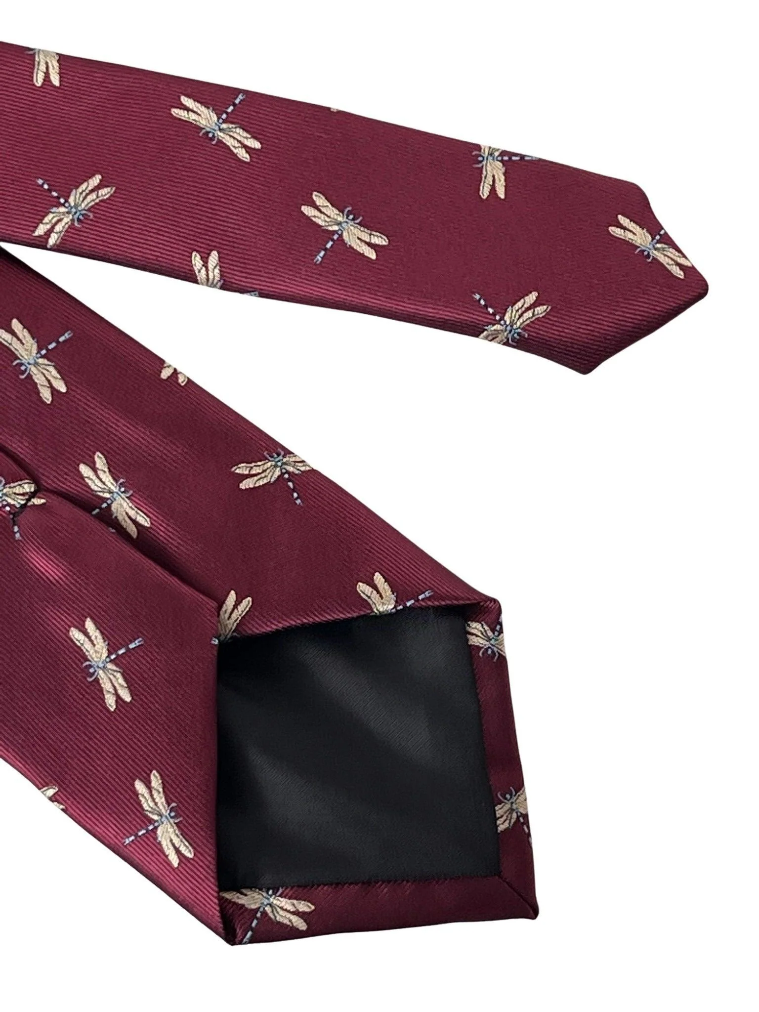 maroon tie with embroidered dragonfly design - Image 5
