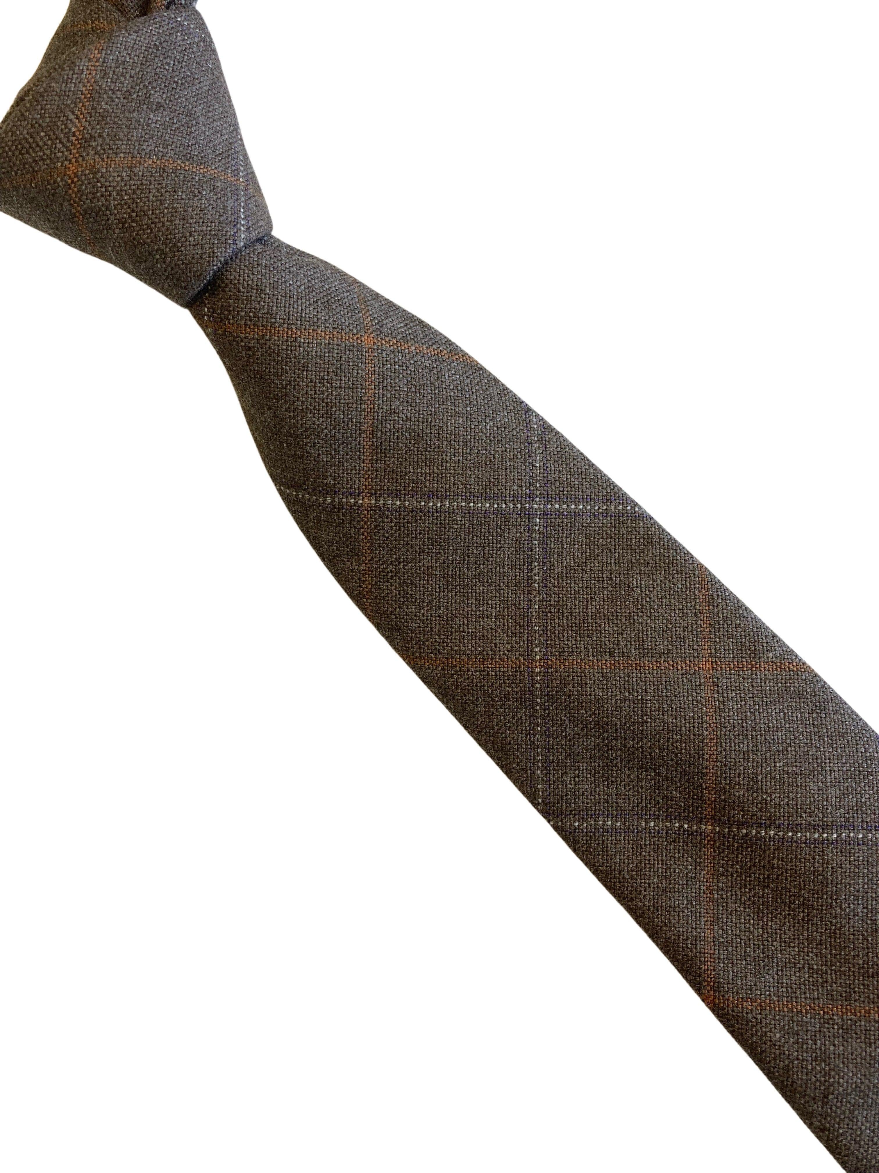 medium brown check tweed style 100% wool mens tie - Image 2