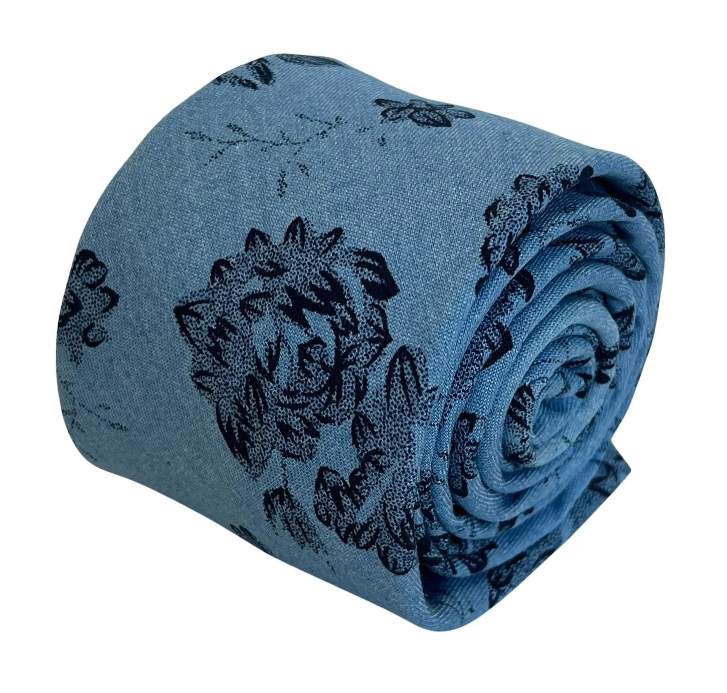 Medium denim blue stencil english wild-flower floral design cotton tie