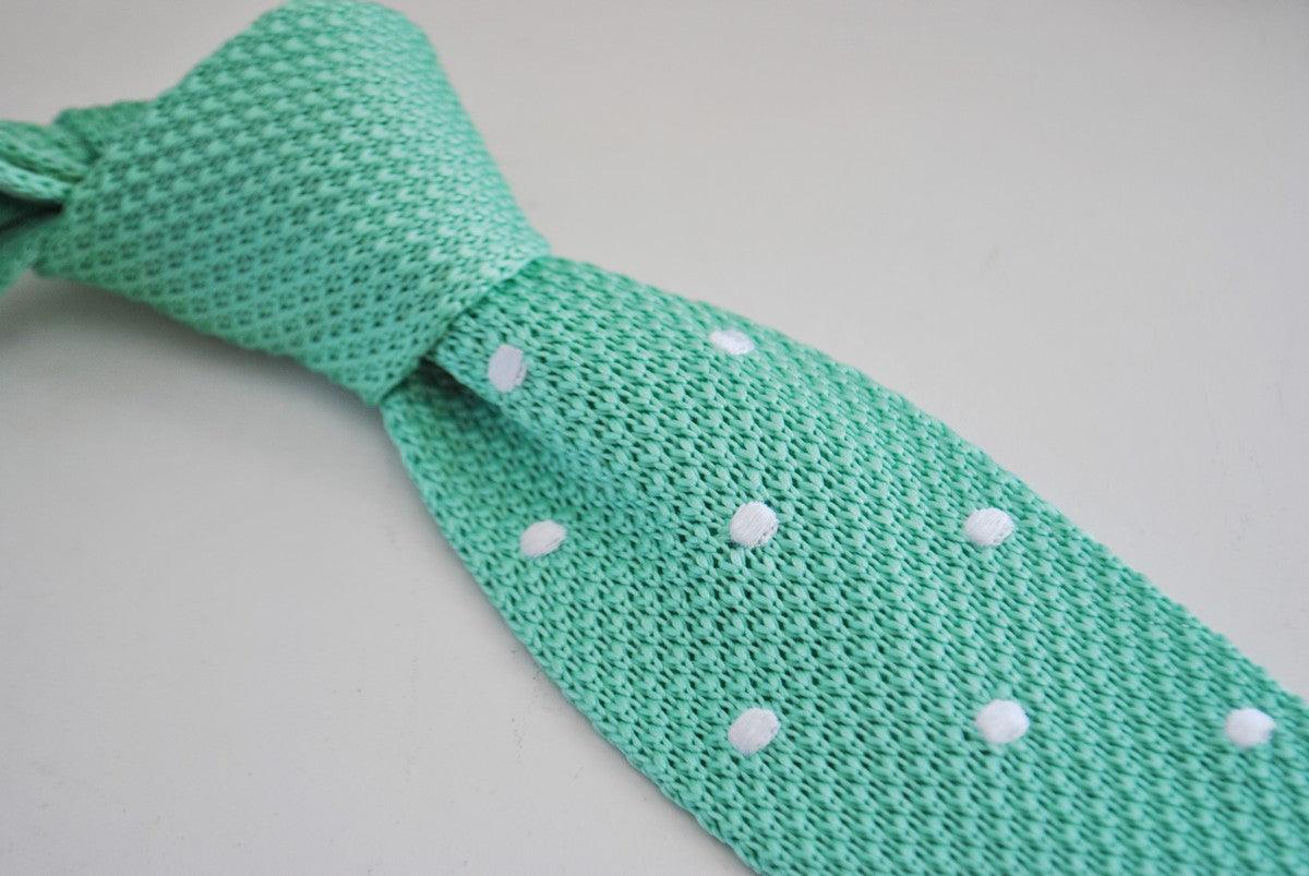 mint green skinny knitted tie with white polka dots - Image 2