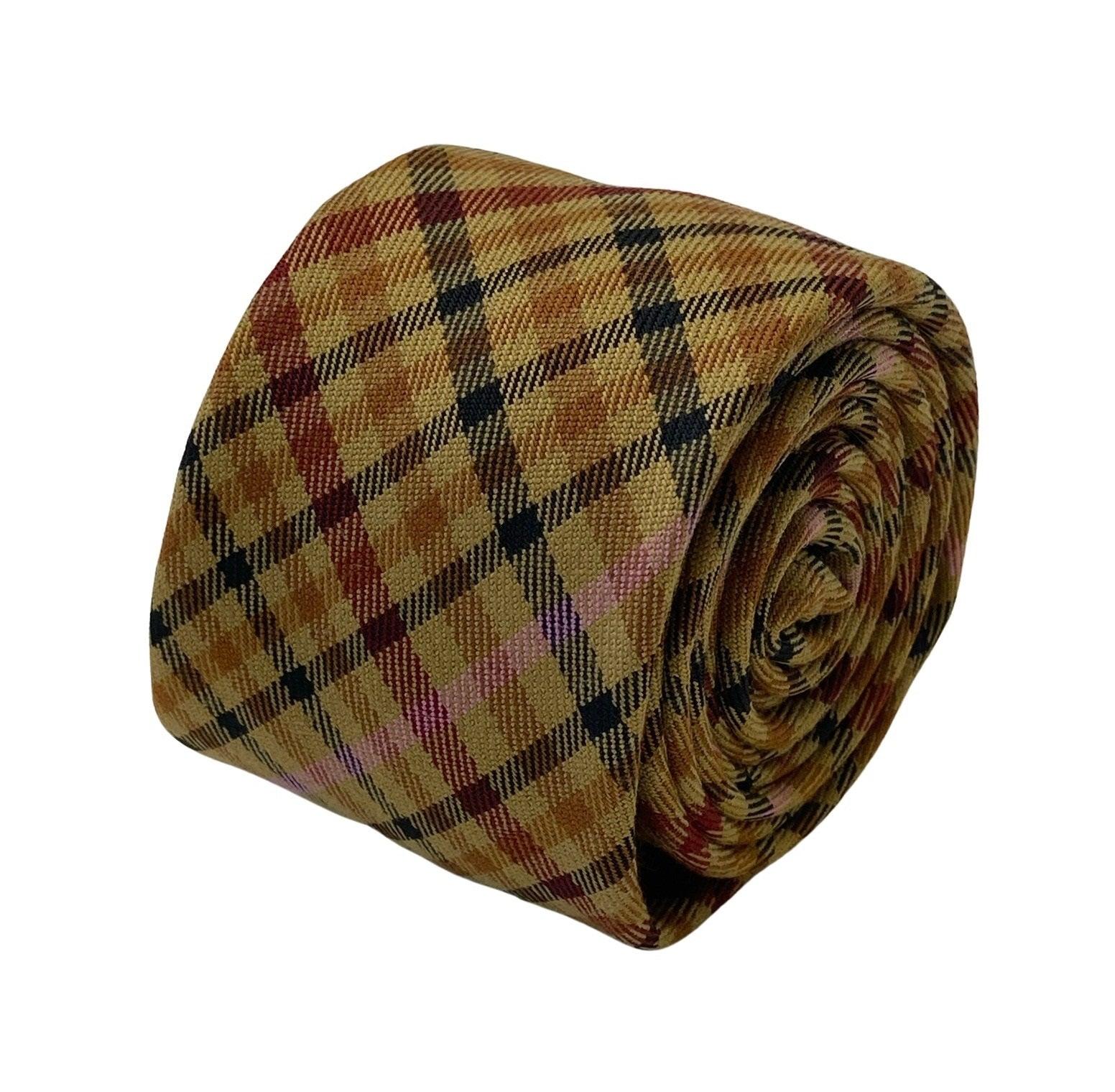 mustard gold brown check tweed style 100% wool mens tie