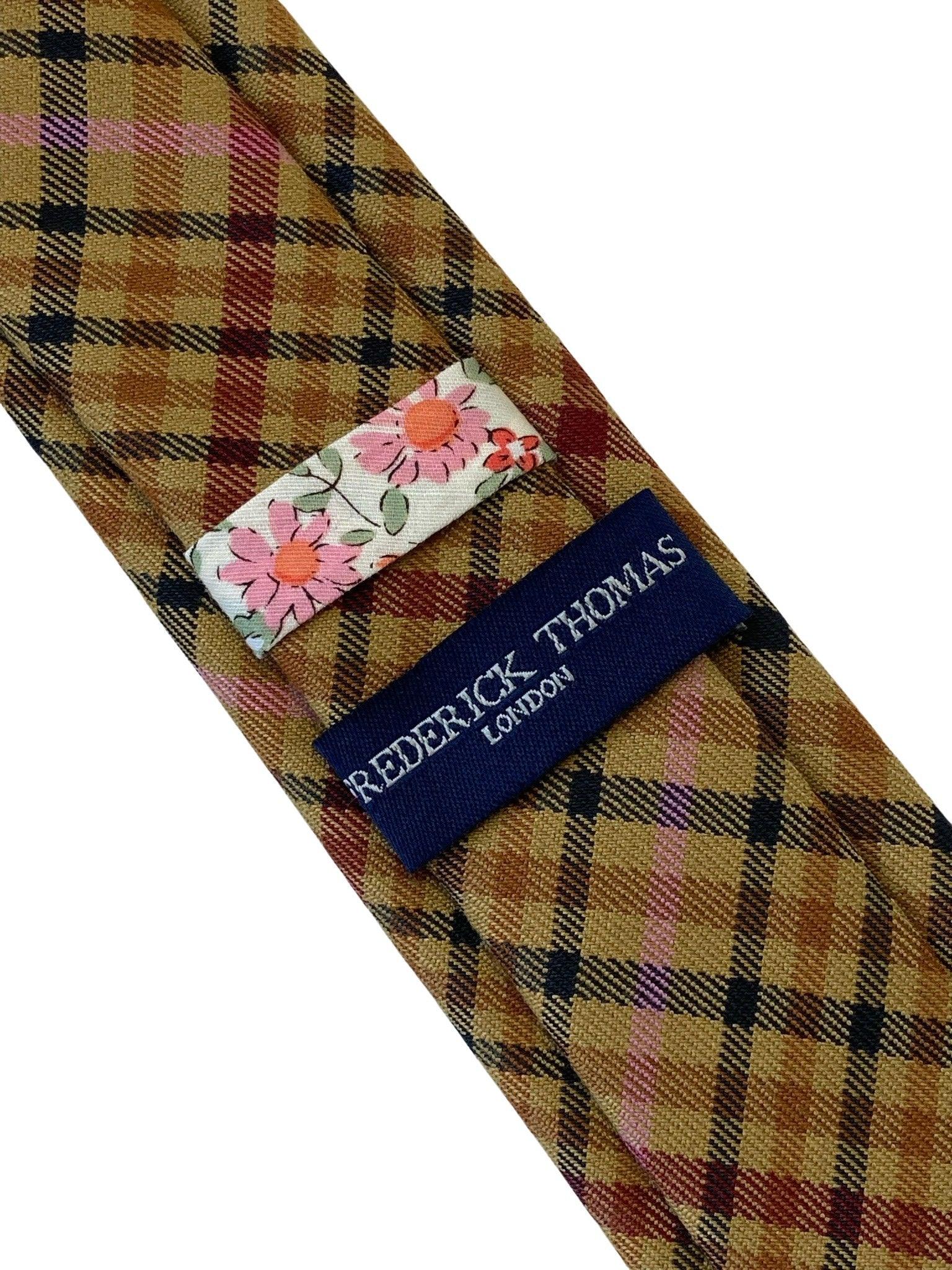 mustard gold brown check tweed style 100% wool mens tie - Image 3