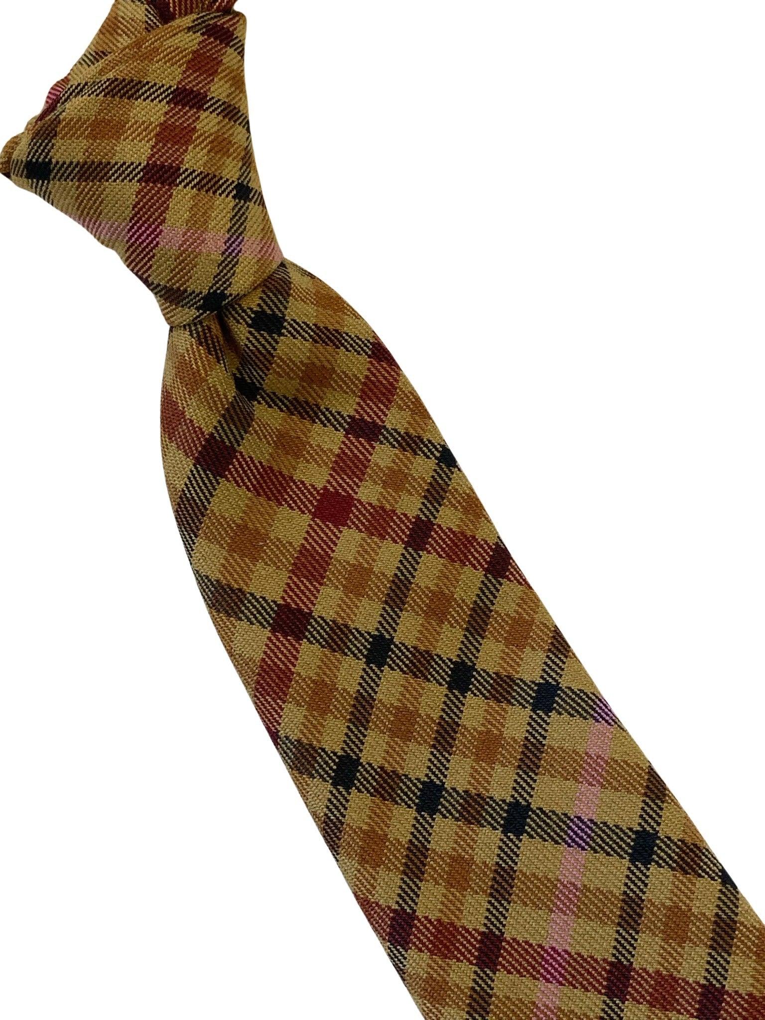 mustard gold brown check tweed style 100% wool mens tie - Image 4