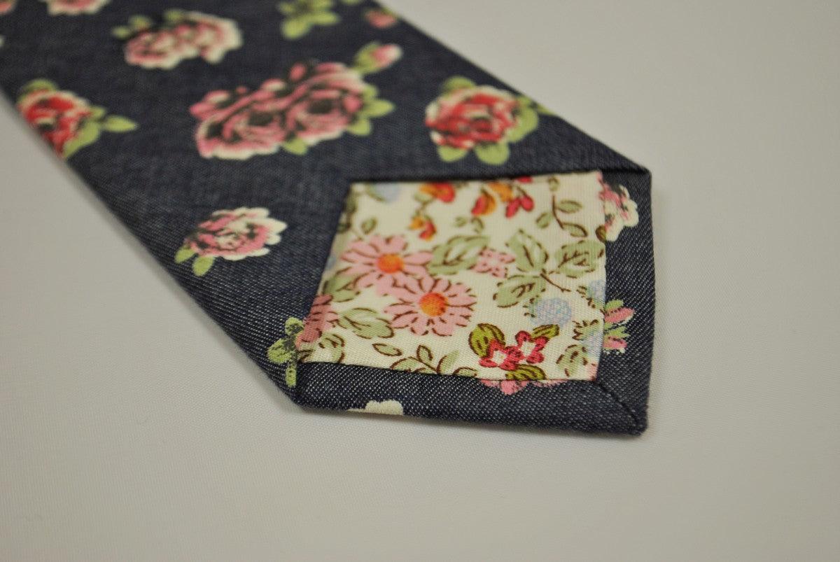 navy blue and rose floral design 100% cotton tie - Image 2