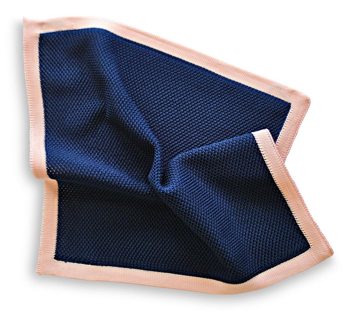 navy blue knitted pocket square with powder pink edging - Image 4