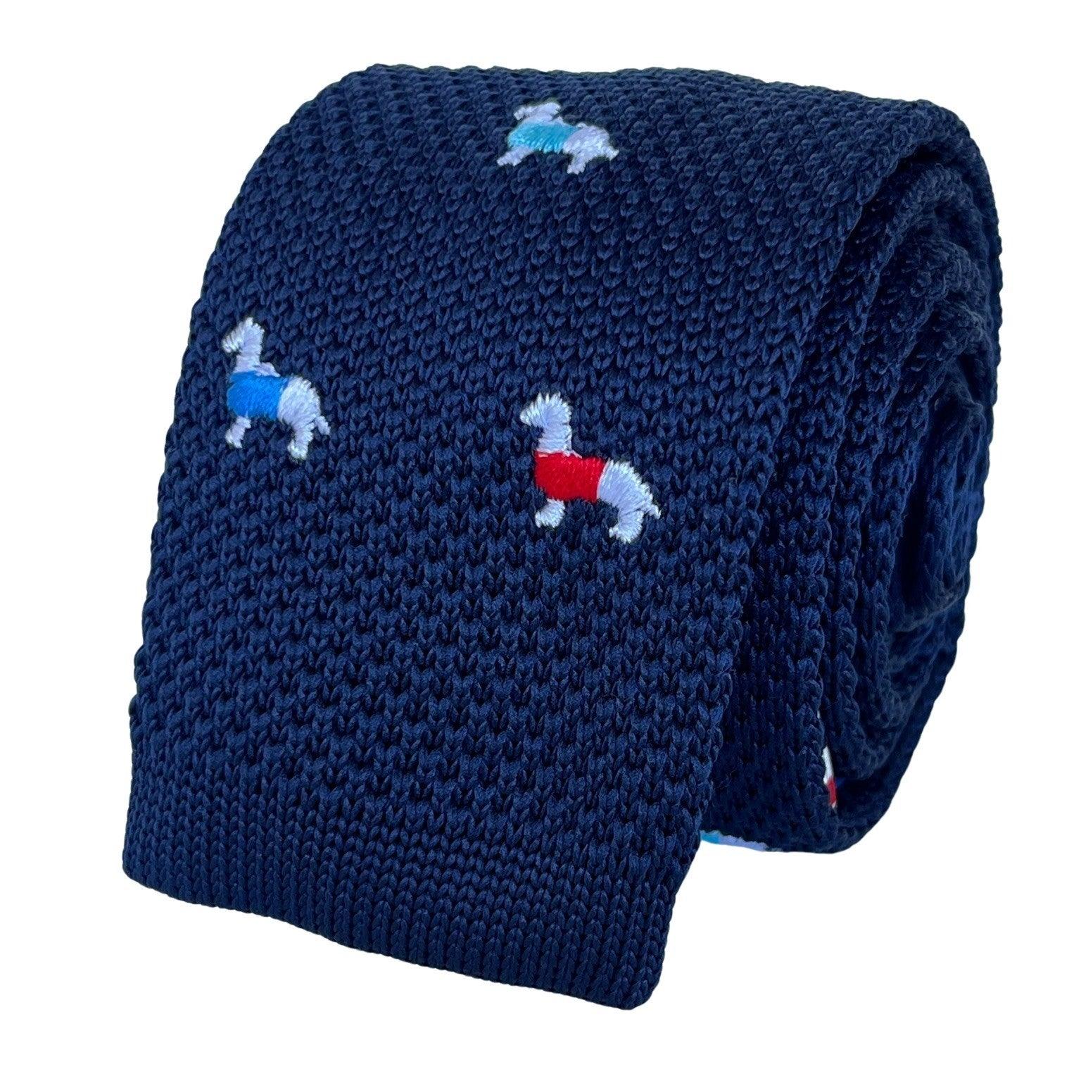 navy blue knitted tie with embroidered dog design - Image 5