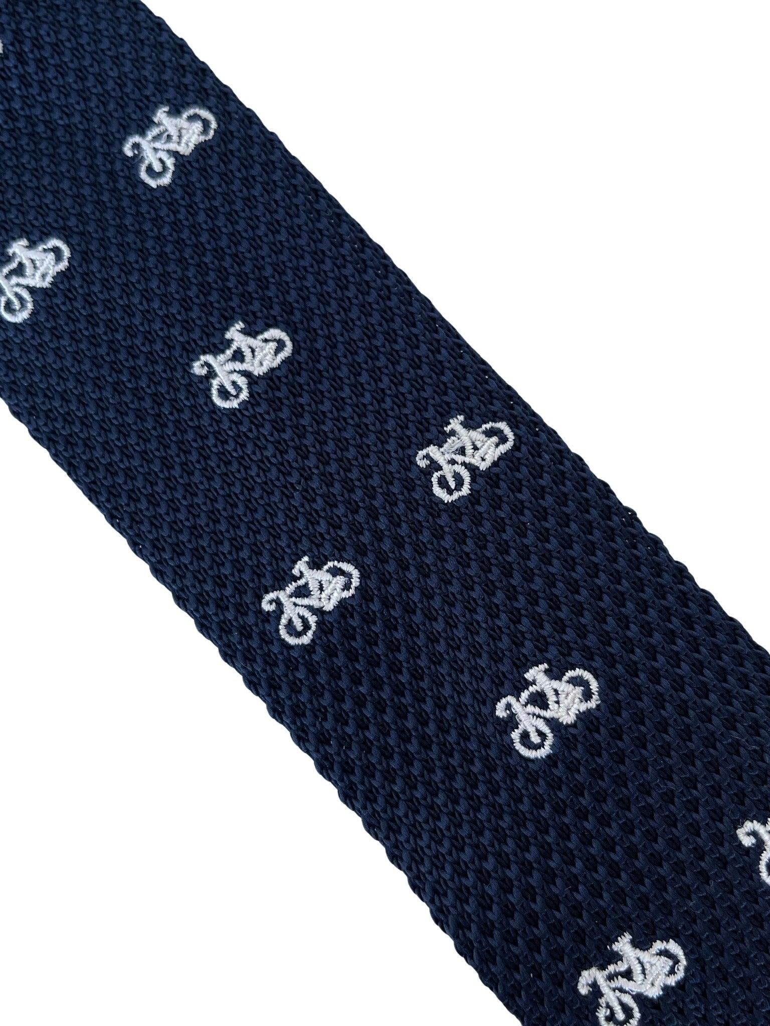 navy blue knitted tie with white embroidered bicycle bike design - Image 2