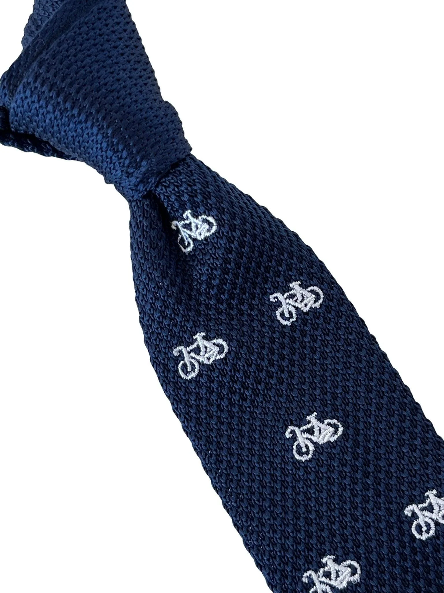 navy blue knitted tie with white embroidered bicycle bike design - Image 3