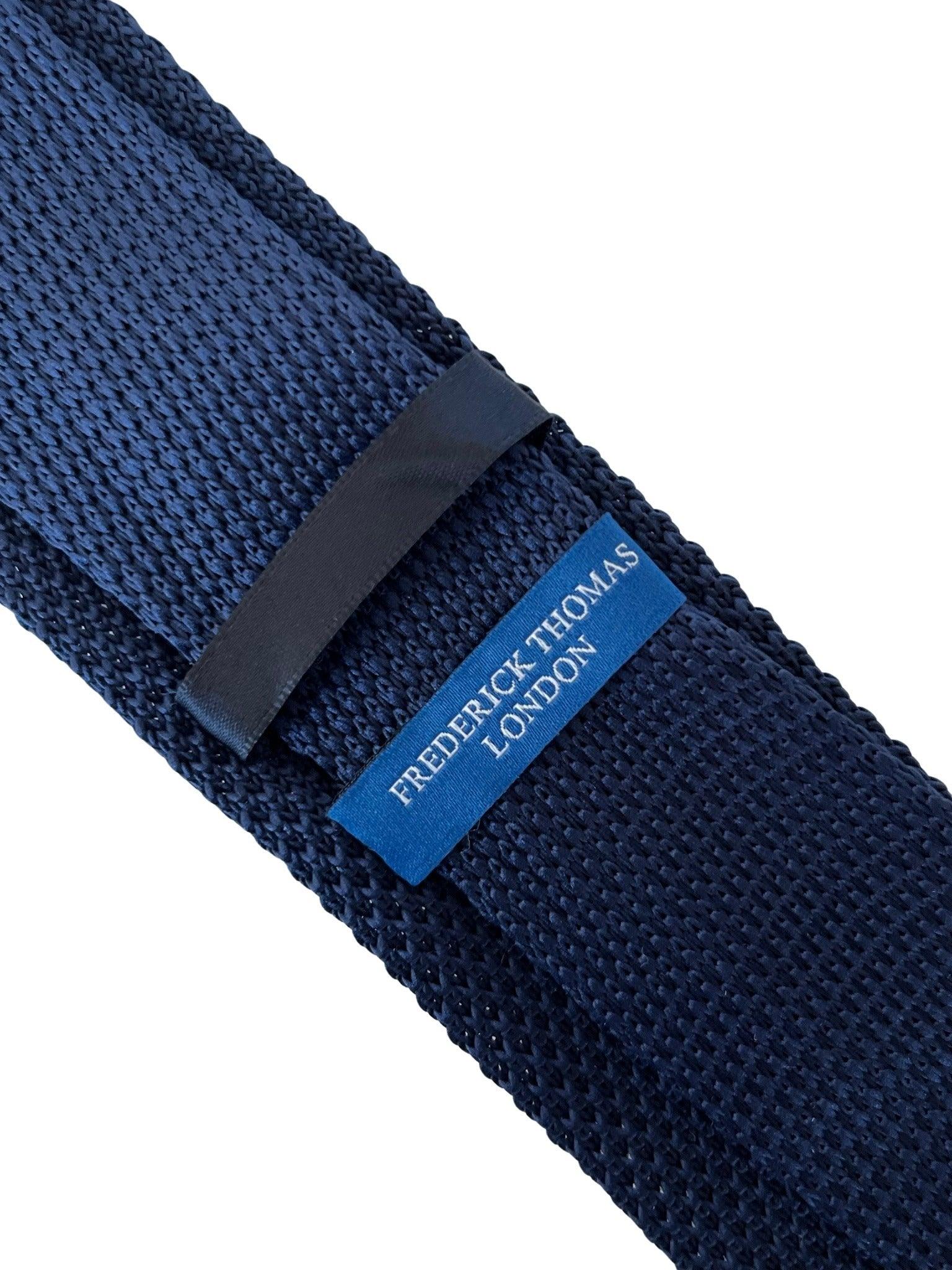 navy blue knitted tie with white embroidered bicycle bike design - Image 4