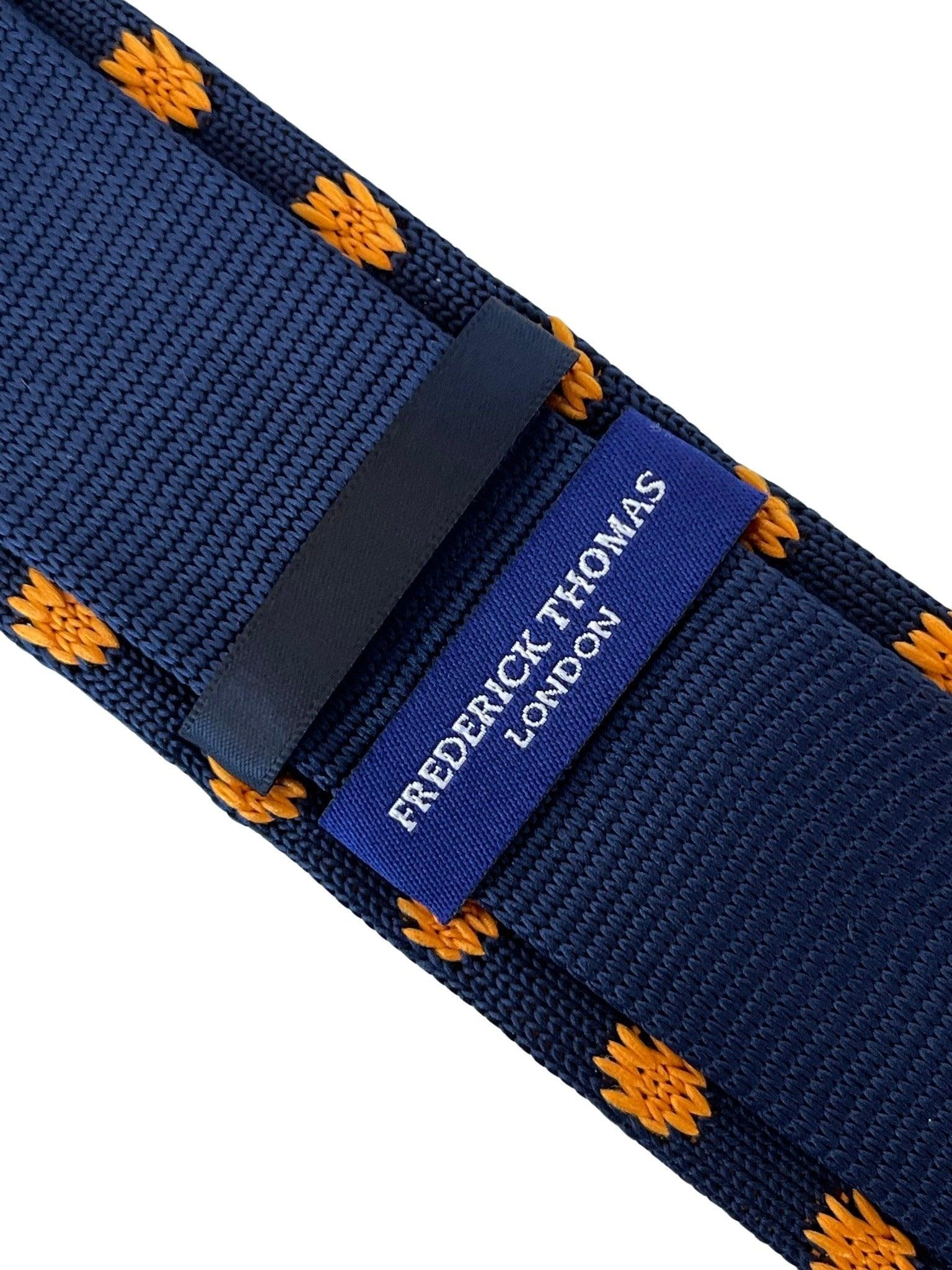navy blue knitted tie with golden sunflower embroidered design - Image 2