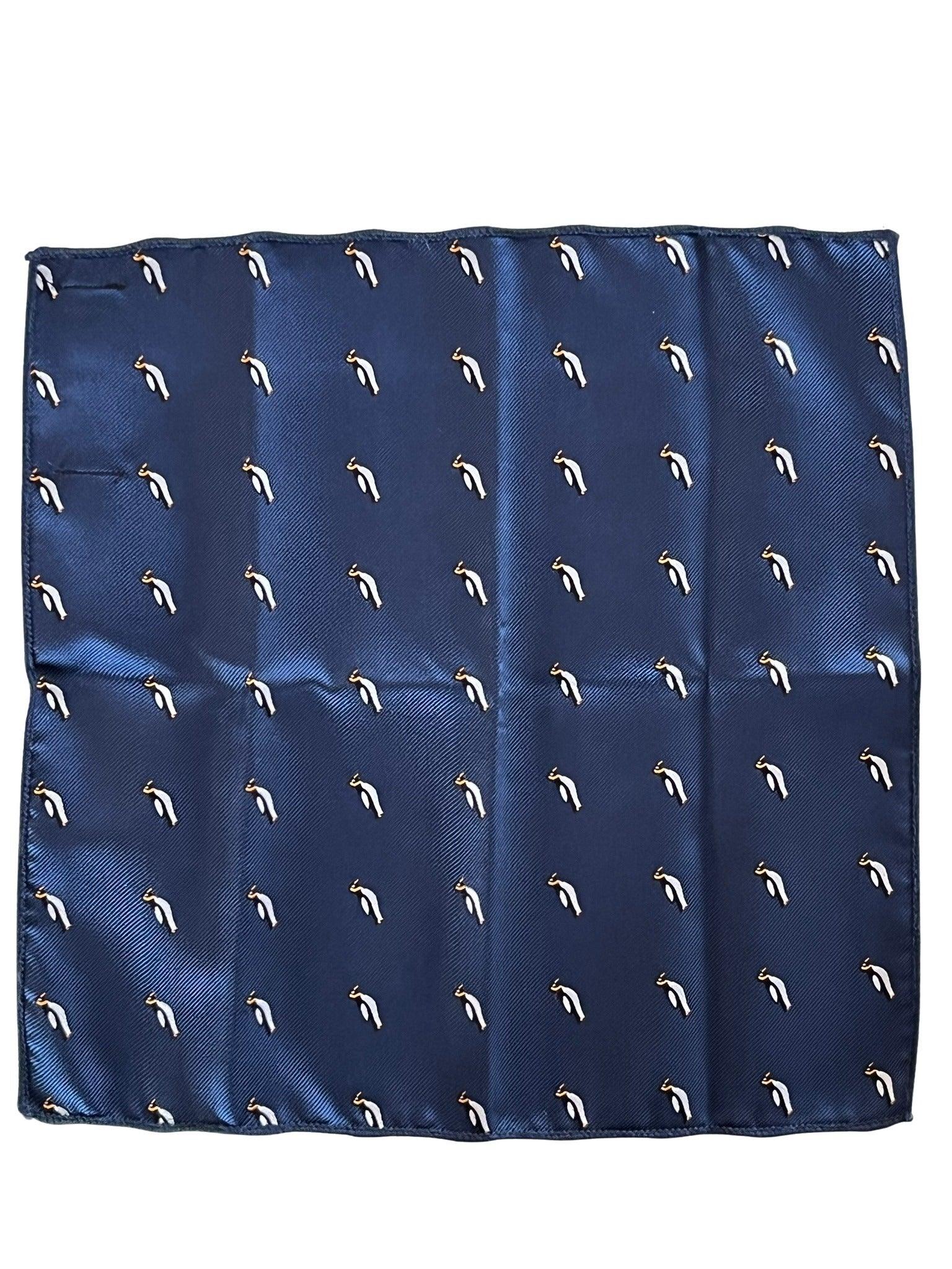 navy blue pocket square with embroidered penguin design - Image 3