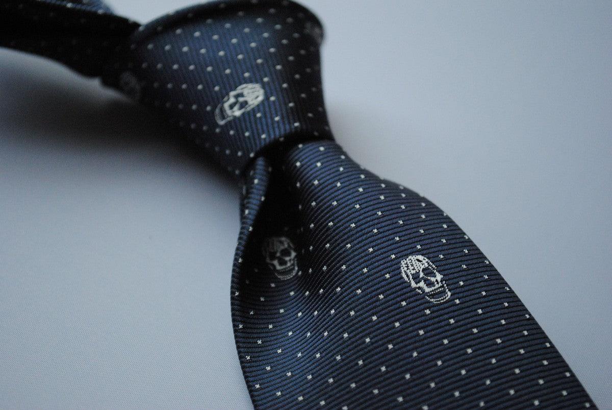 navy blue tie with embroidered white skulls design - Image 5
