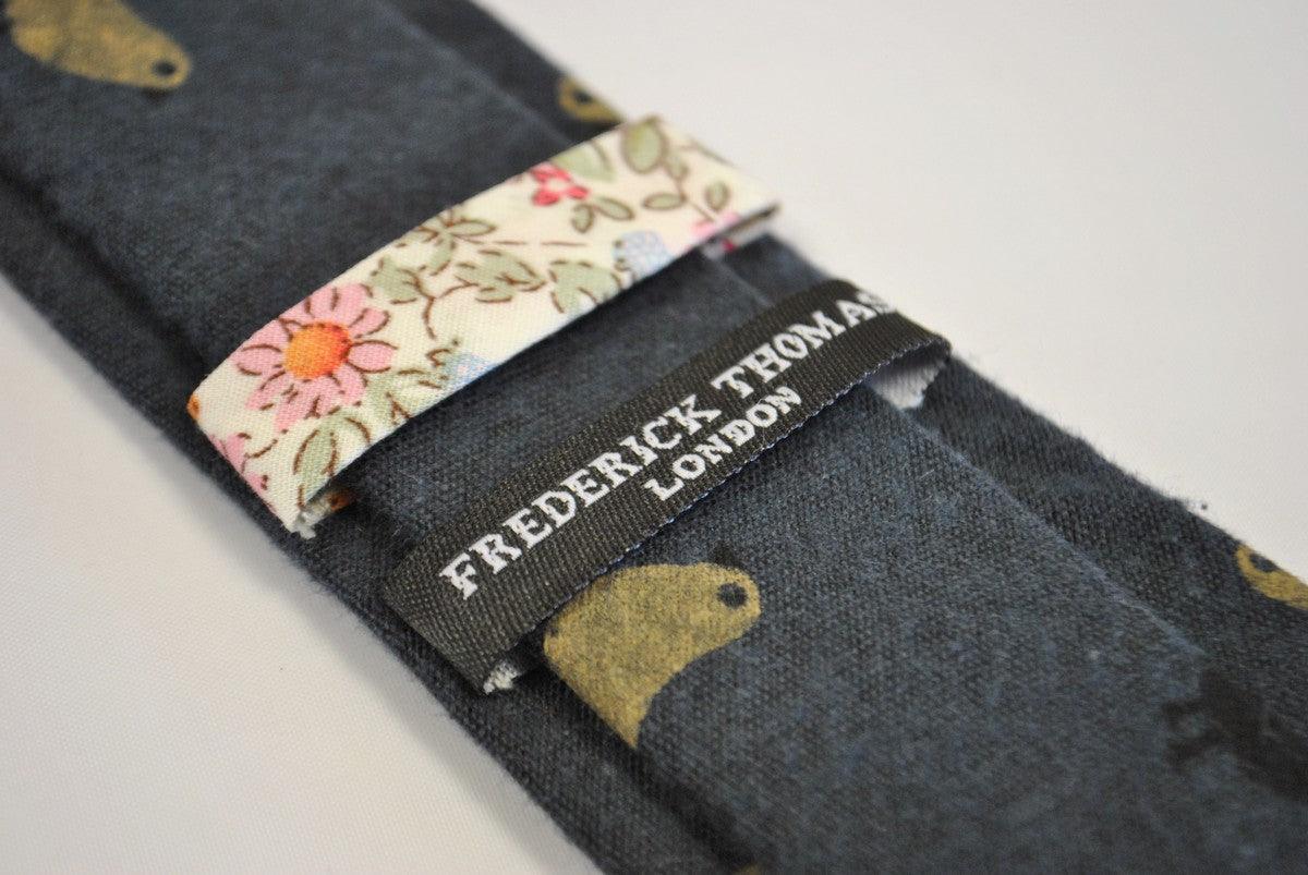 navy blue tie with bird design in 100% cotton linen - Image 6