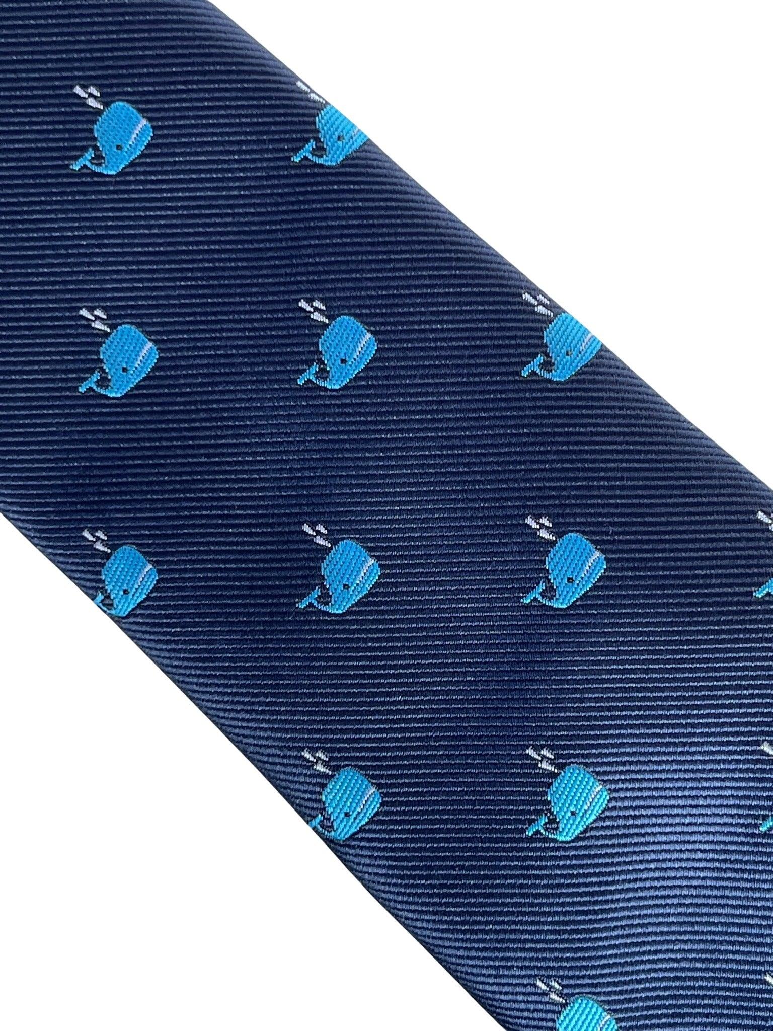 navy blue tie with blue whale design - Image 3