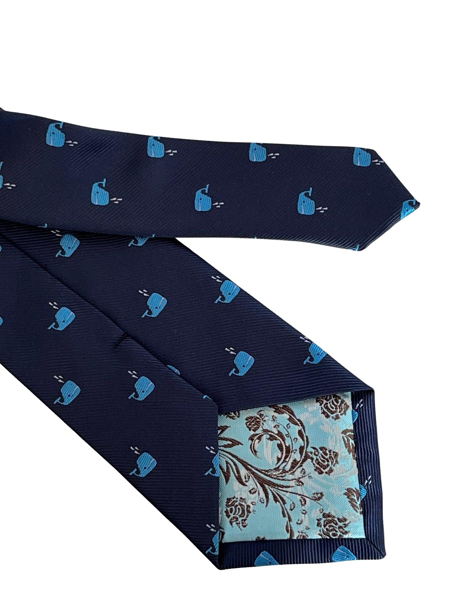 navy blue tie with blue whale design - Image 5