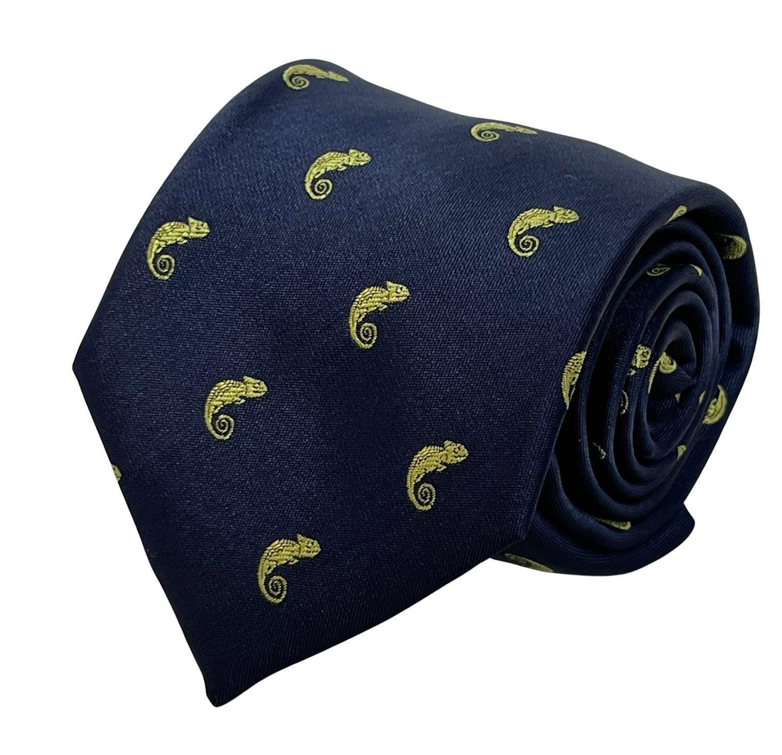 navy blue tie with chameleon lizard reptile design - Image 2