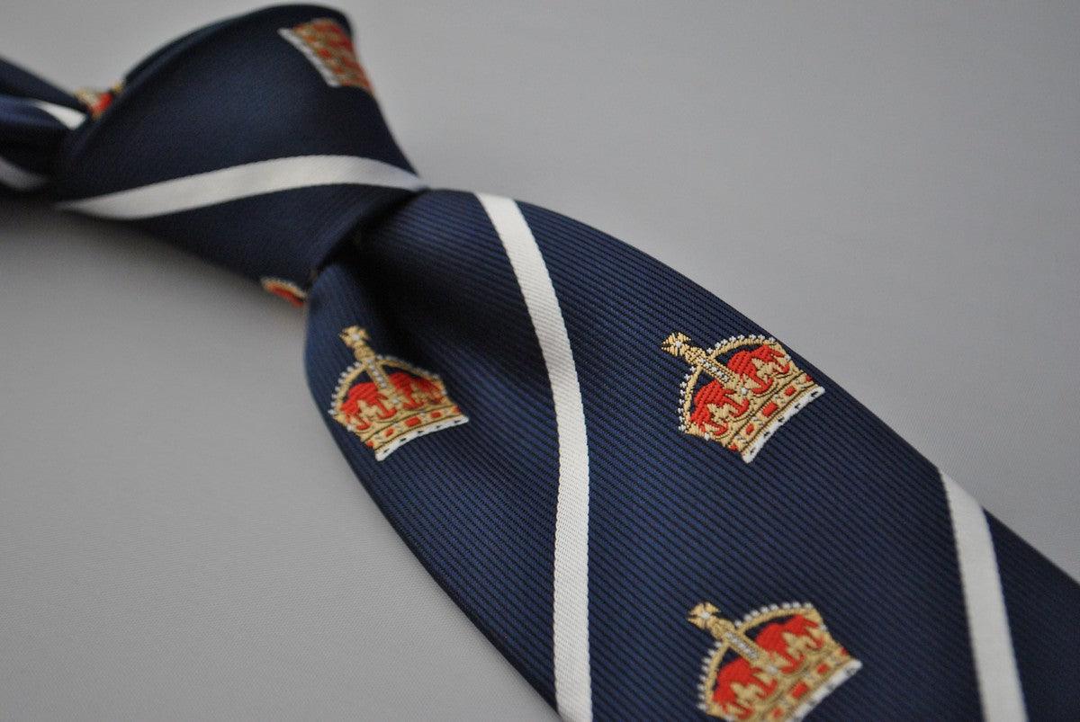 navy blue tie with crown design and white stripes - Image 4