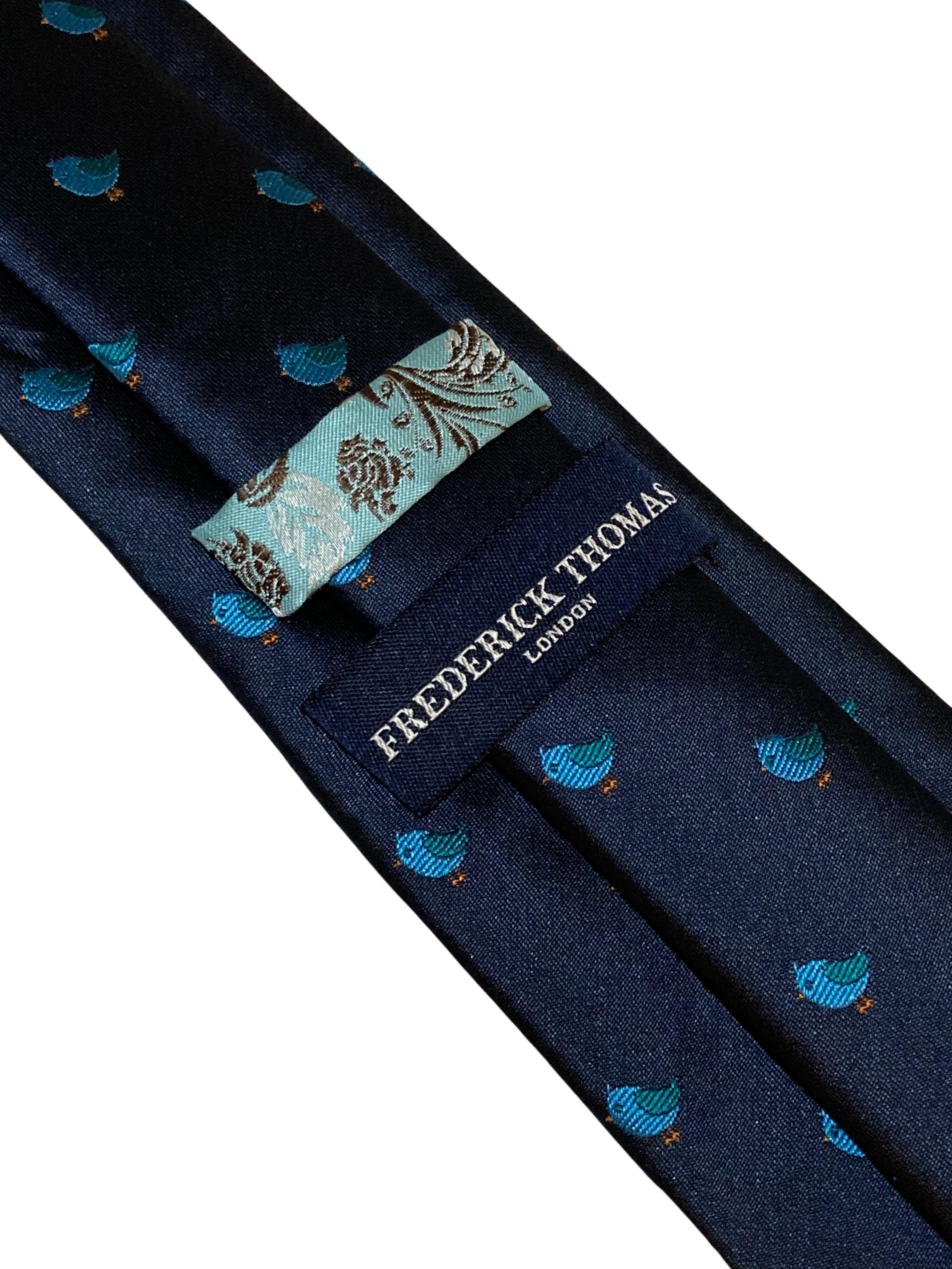 navy blue tie with cute blue baby bird embroidered design - Image 3