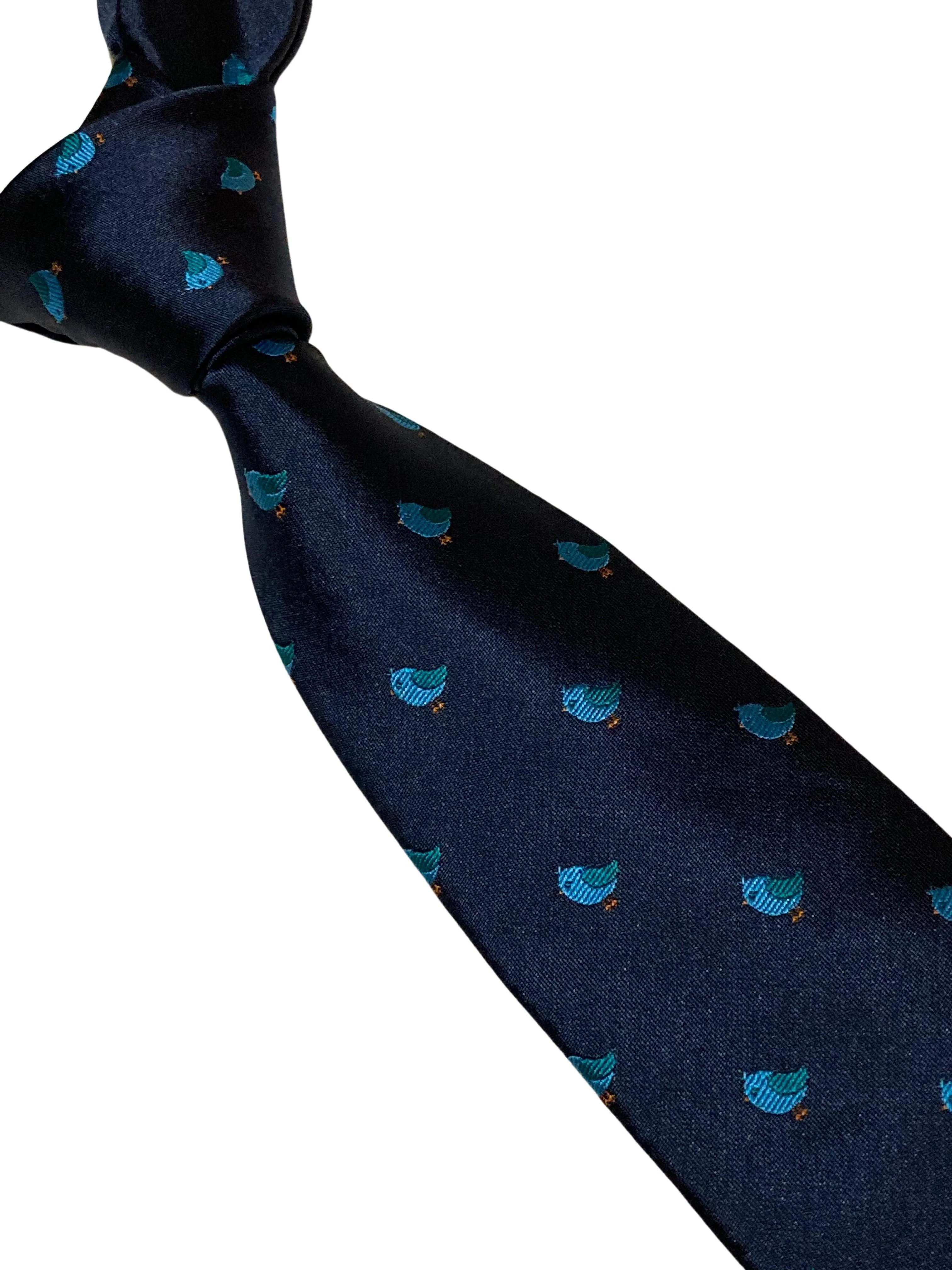 navy blue tie with cute blue baby bird embroidered design - Image 4