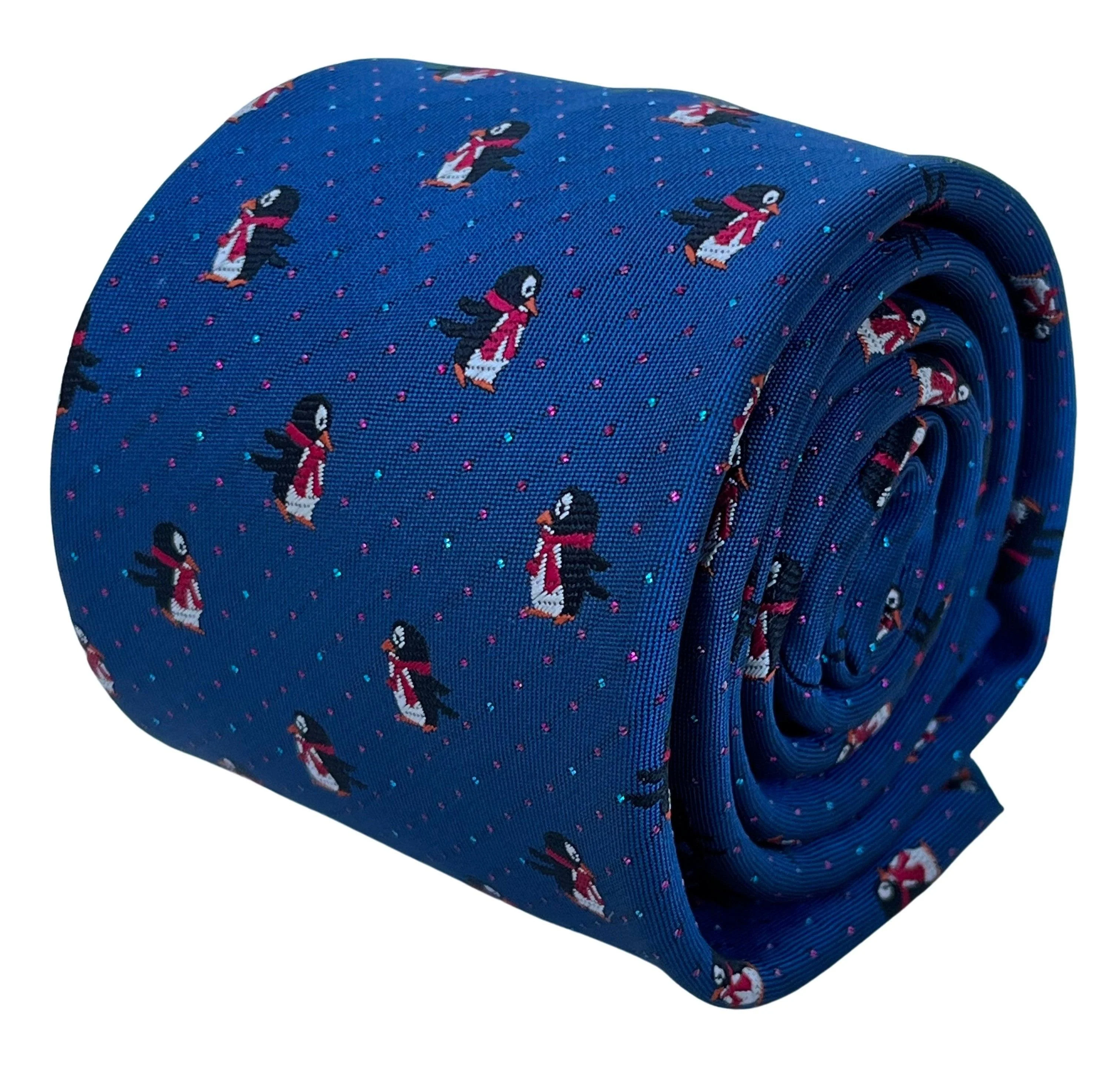 navy blue tie with festive fun penguin and glitter pin spots  design