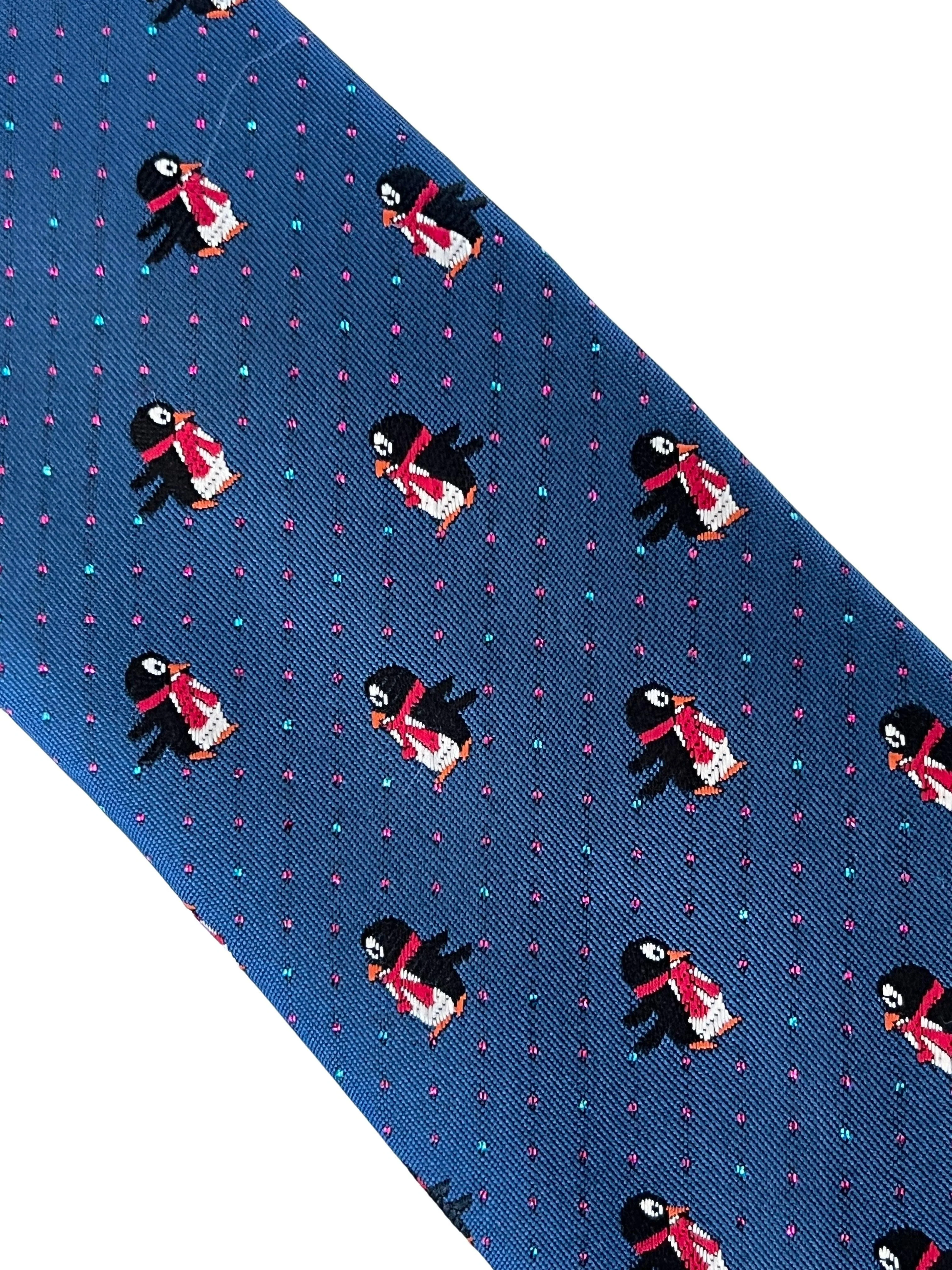 navy blue tie with festive fun penguin and glitter pin spots  design - Image 3