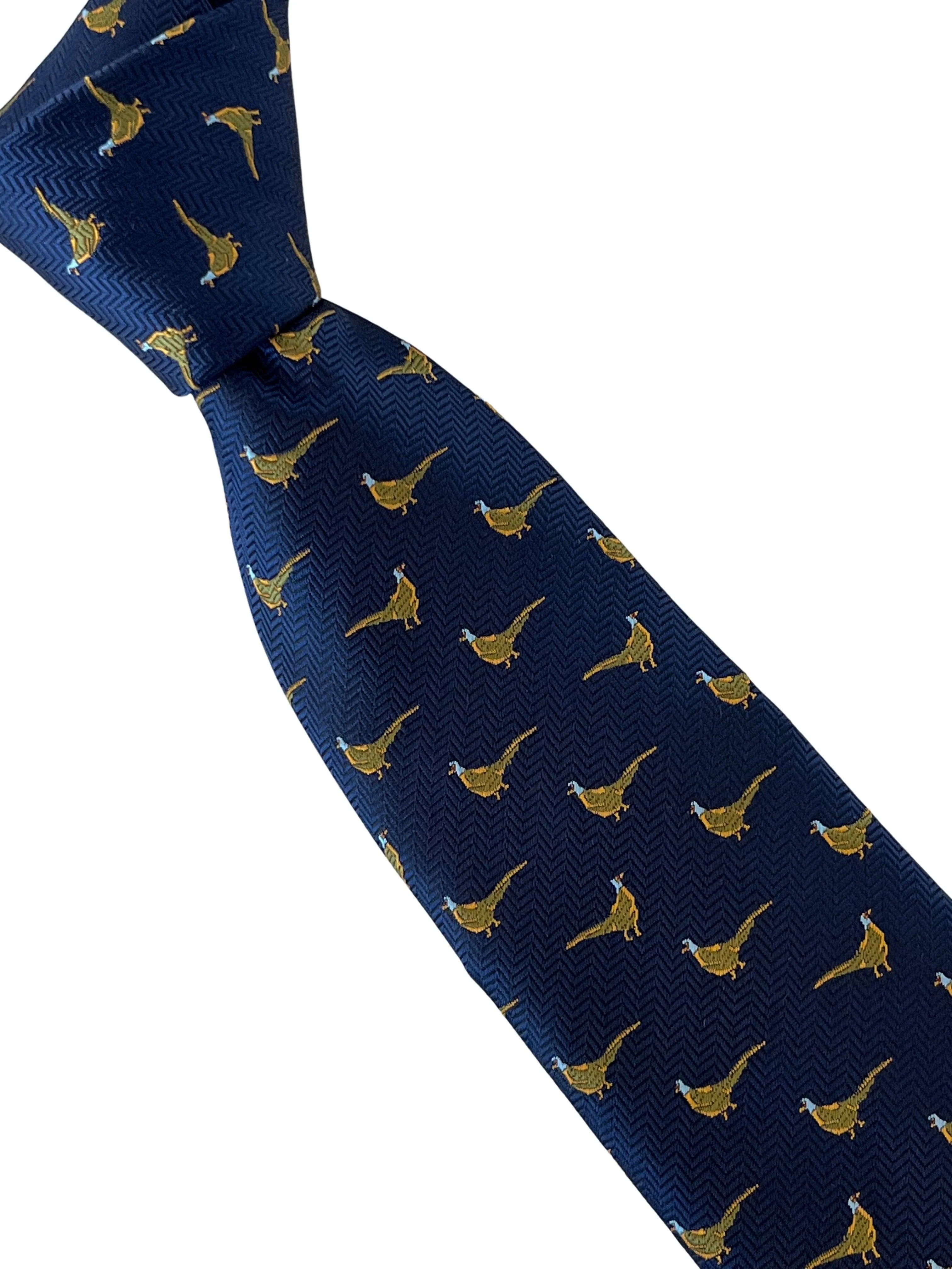 navy blue tie with golden Chinese rainbow pheasant embroidered design - Image 6