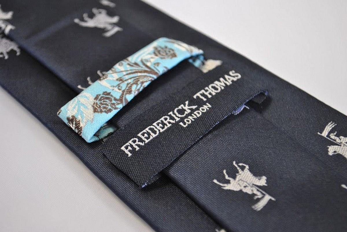 navy blue tie with medieval knight jousting pattern - Image 3