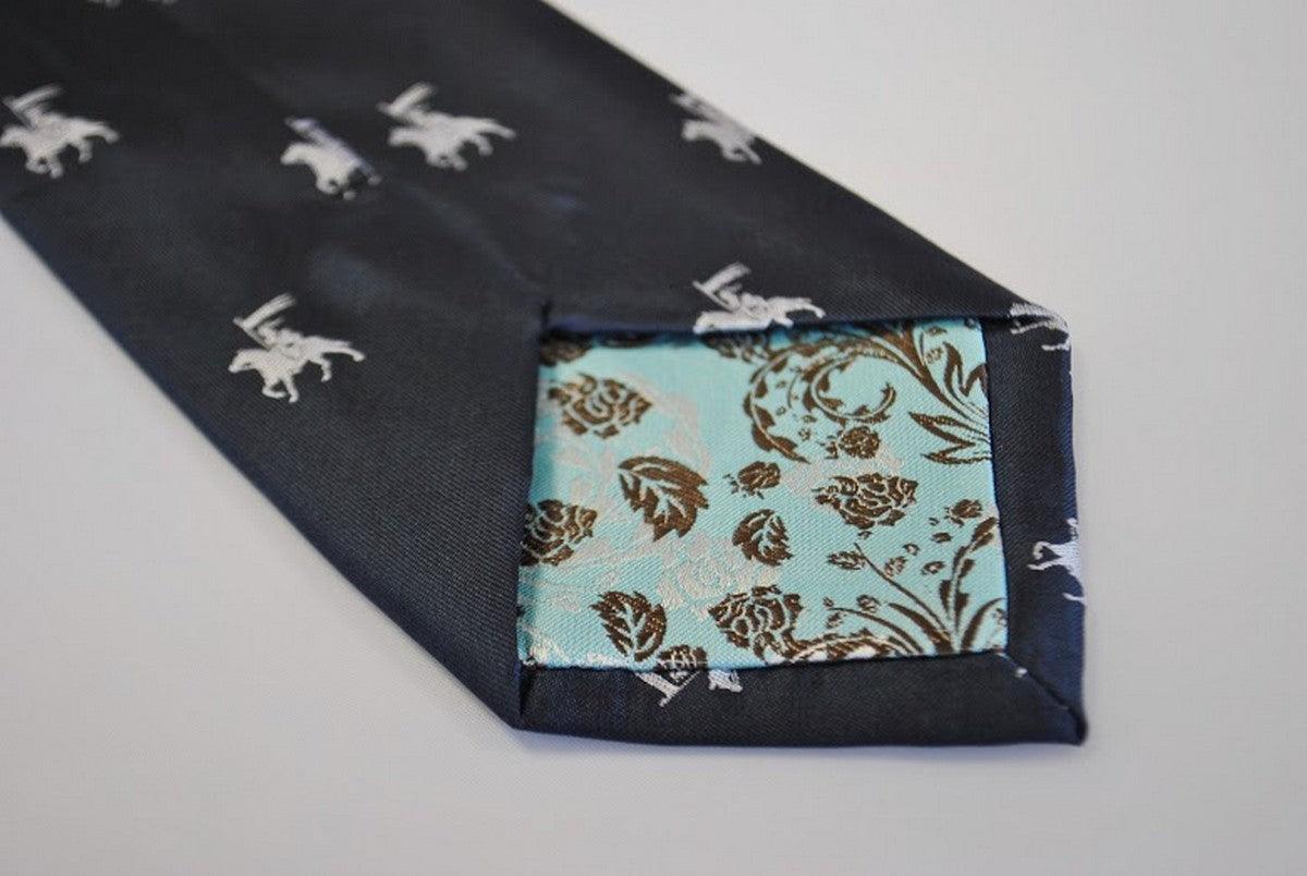 navy blue tie with medieval knight jousting pattern - Image 5