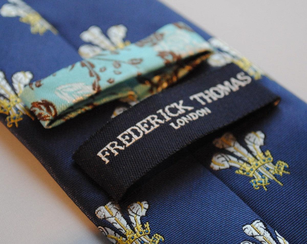 navy blue tie with prince of wales feathers badge print design - Image 3