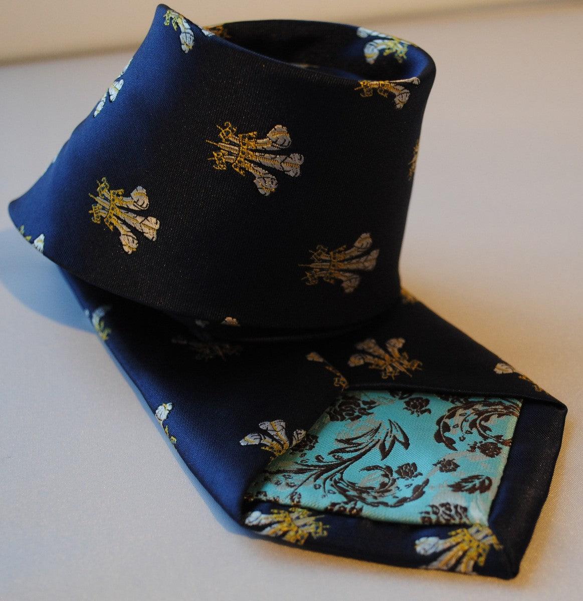 navy blue tie with prince of wales feathers badge print design - Image 4
