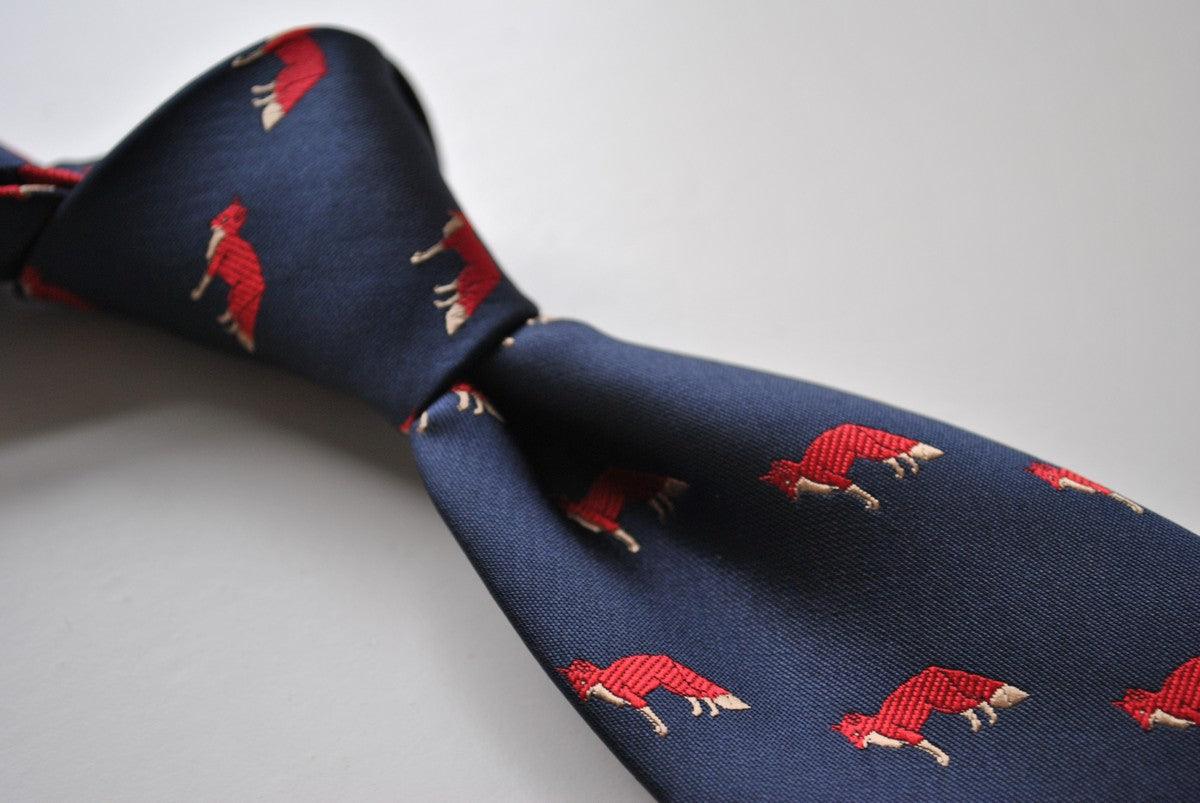 navy blue tie with red fox print design - Image 3
