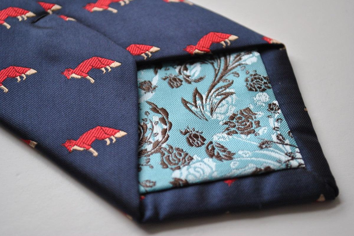 navy blue tie with red fox print design - Image 4