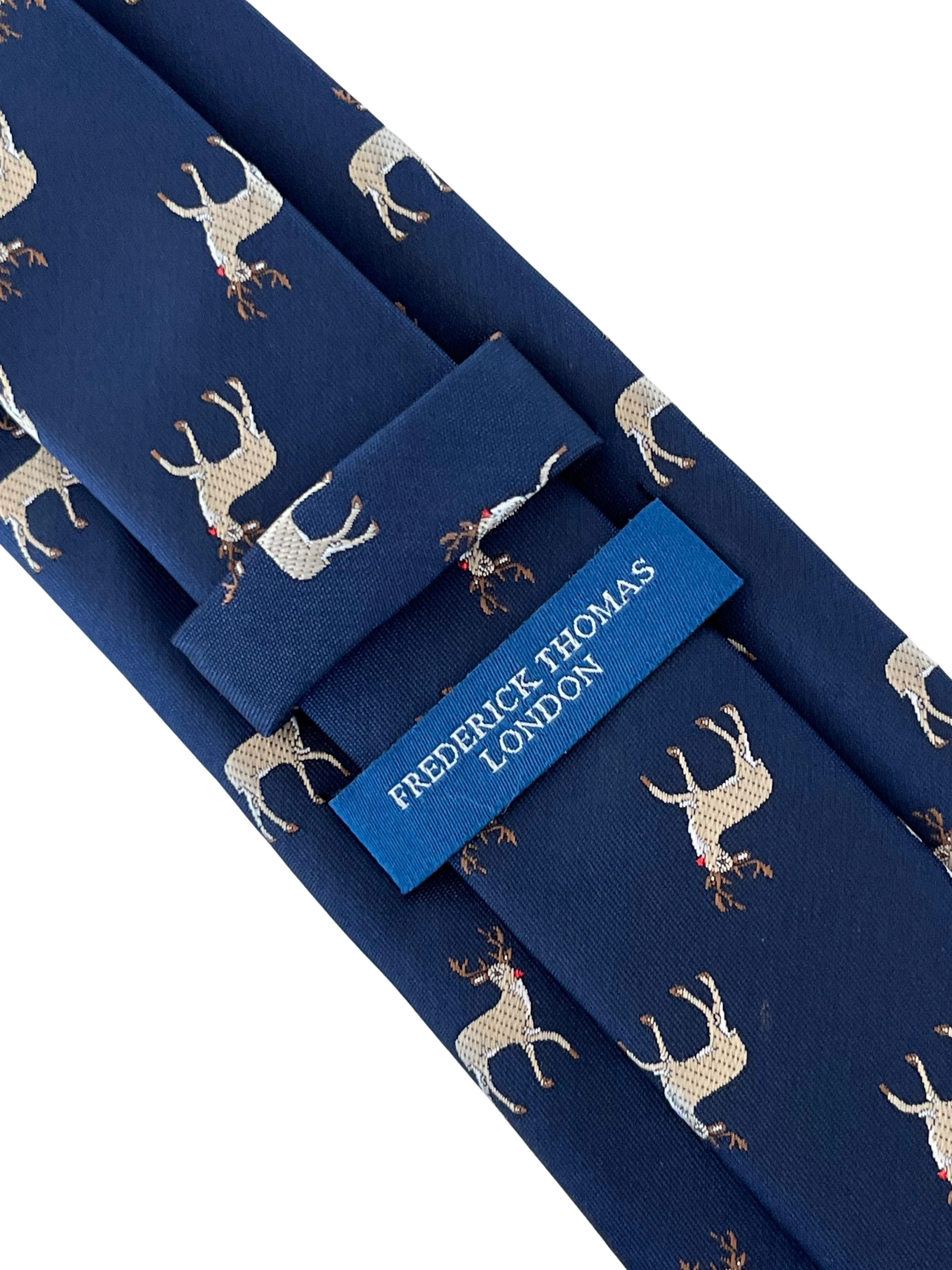 navy blue tie with reindeer Rudolph embroidered design - Image 3