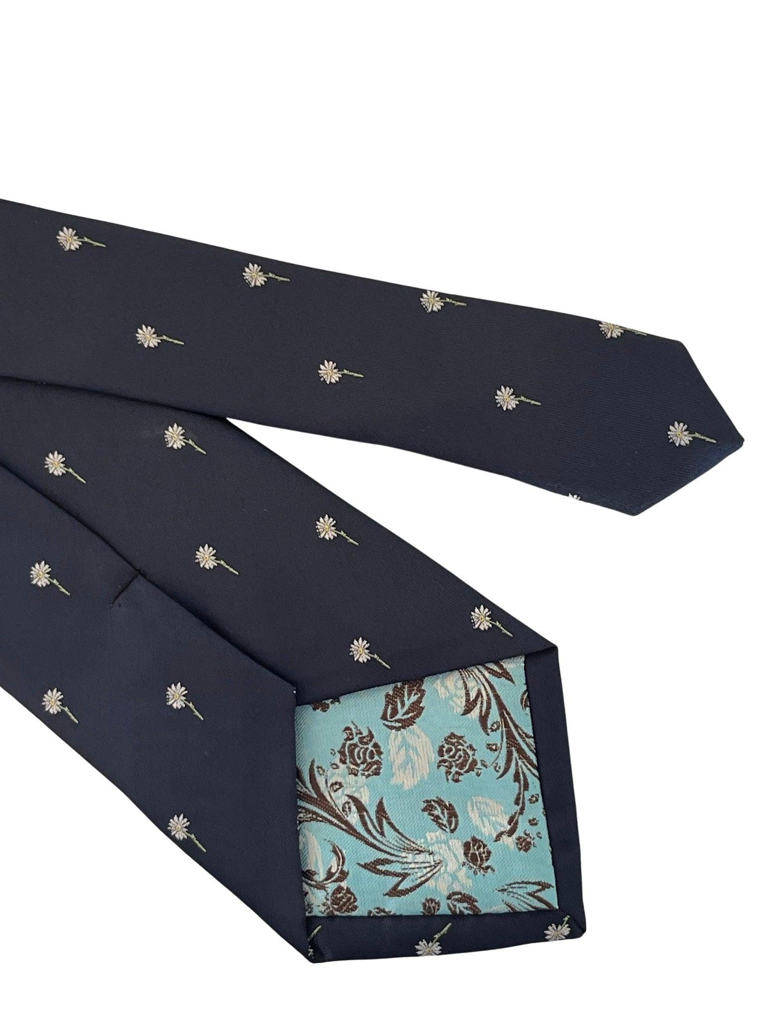 navy blue tie with white daisy flower design - Image 4